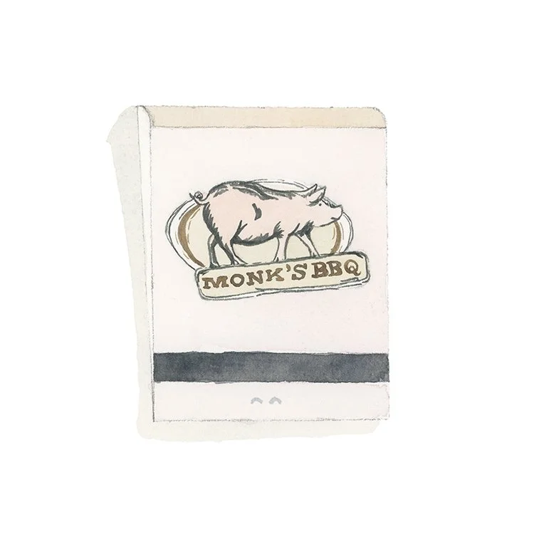 Monks BBQ restaurant matchbook print