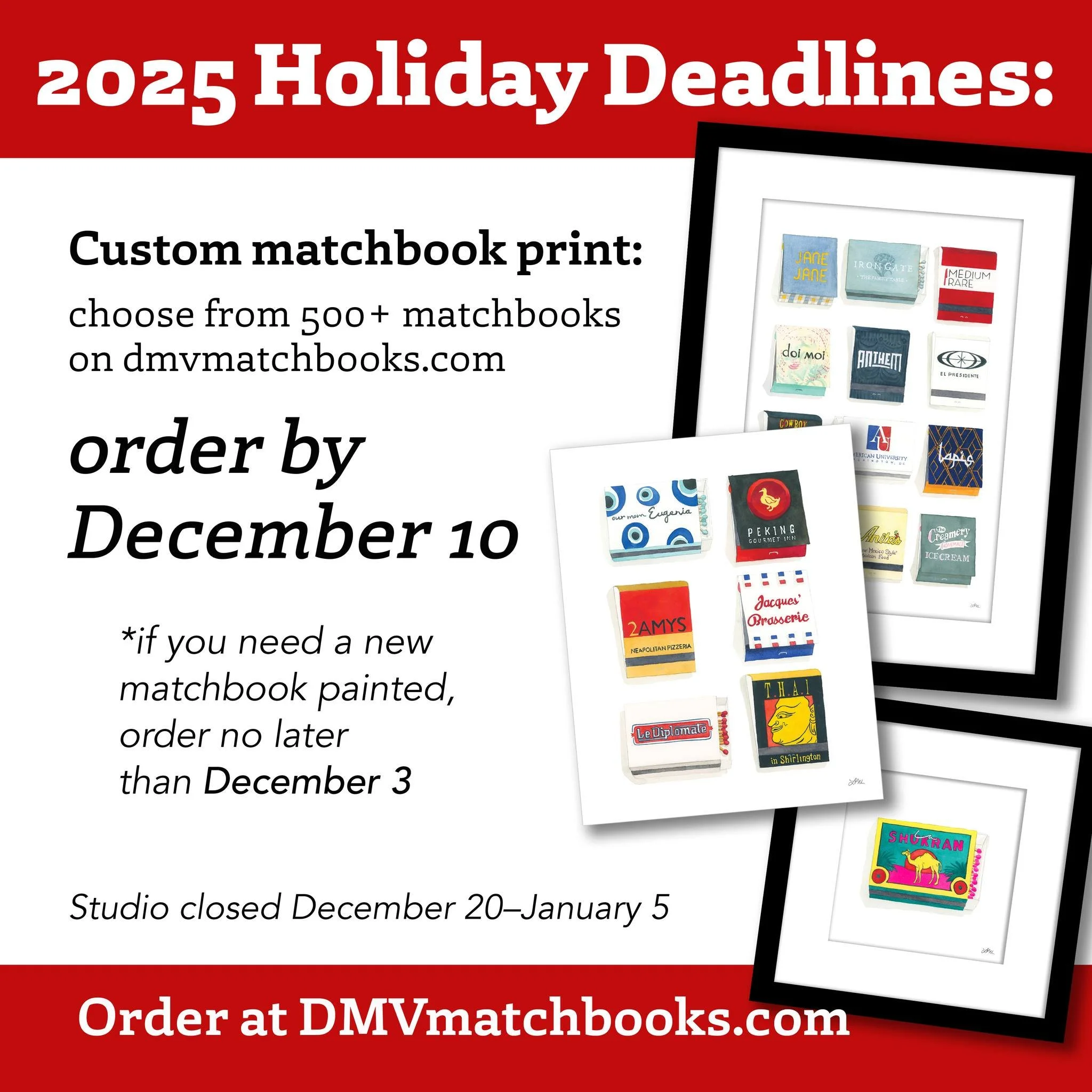 Custom matchbook prints make fantastic Christmas gifts (and anniversary, birthday, and moving gifts!) but they are truly custom and take time.

Deadline to order from my 500+ matchbooks available: December 10.
If you need a new matchbook painted, ord