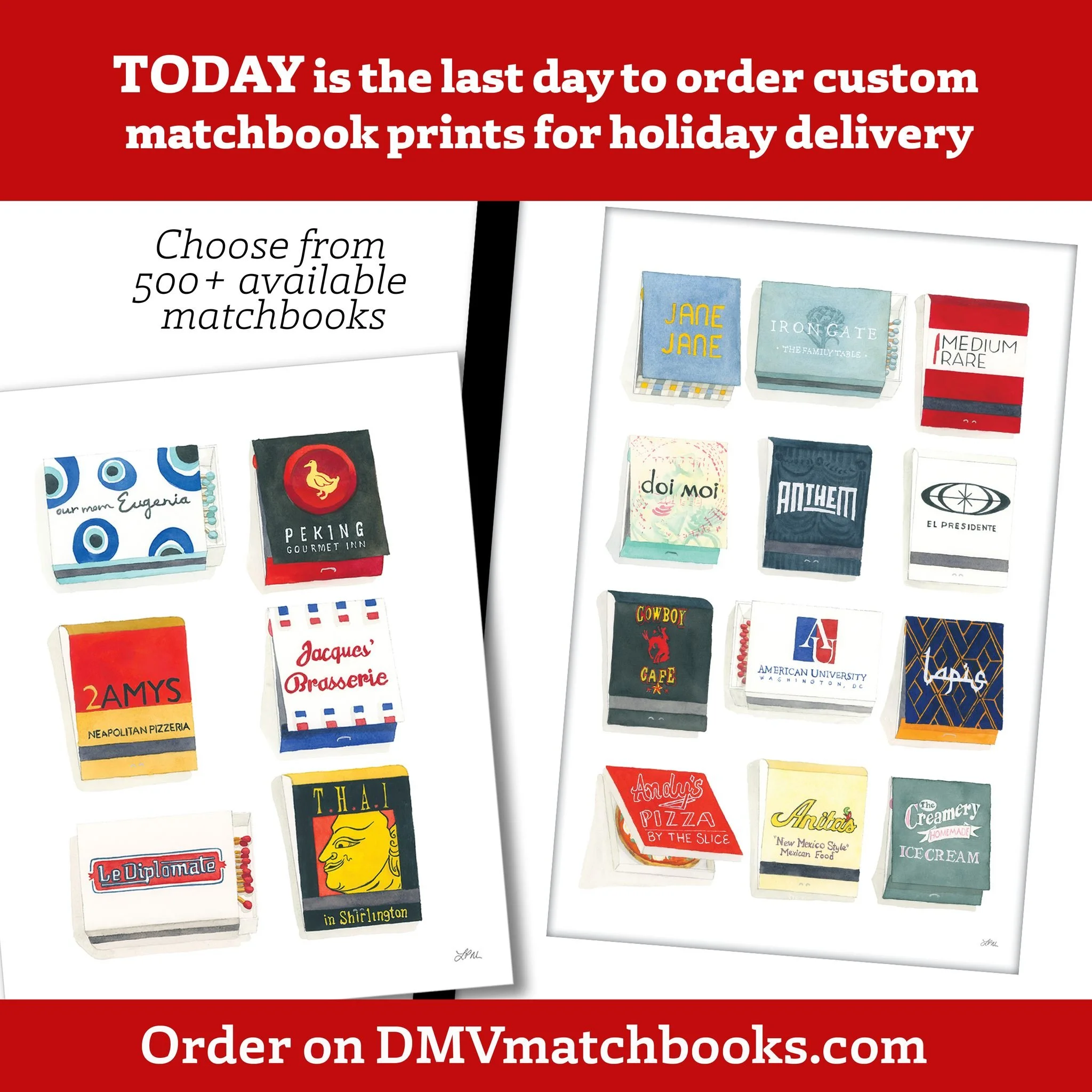 TODAY is the deadline to order your custom matchbook print if you need Christmas delivery. Mix and match from my 500+ available matchbooks for a truly personal gift. (Deadline to order single matchbook prints Dec 18)

You can pick up my 11x17&rdquo; 