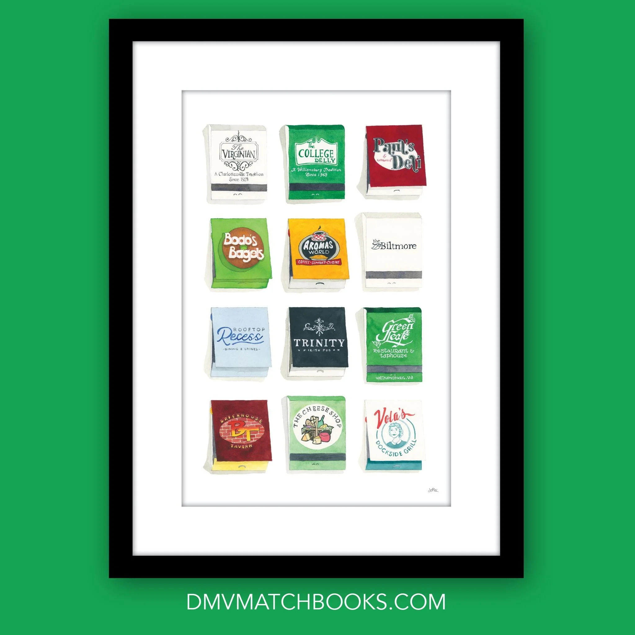 This was a gift showcasing favorite places of a UVA and William &amp; Mary alum and her favorite spots in NOVA since graduating. 

(11x17&rdquo; framed custom matchbook print, August 2025)

#matchbookart #matchbookpainting  #supportsmallbusiness #eat