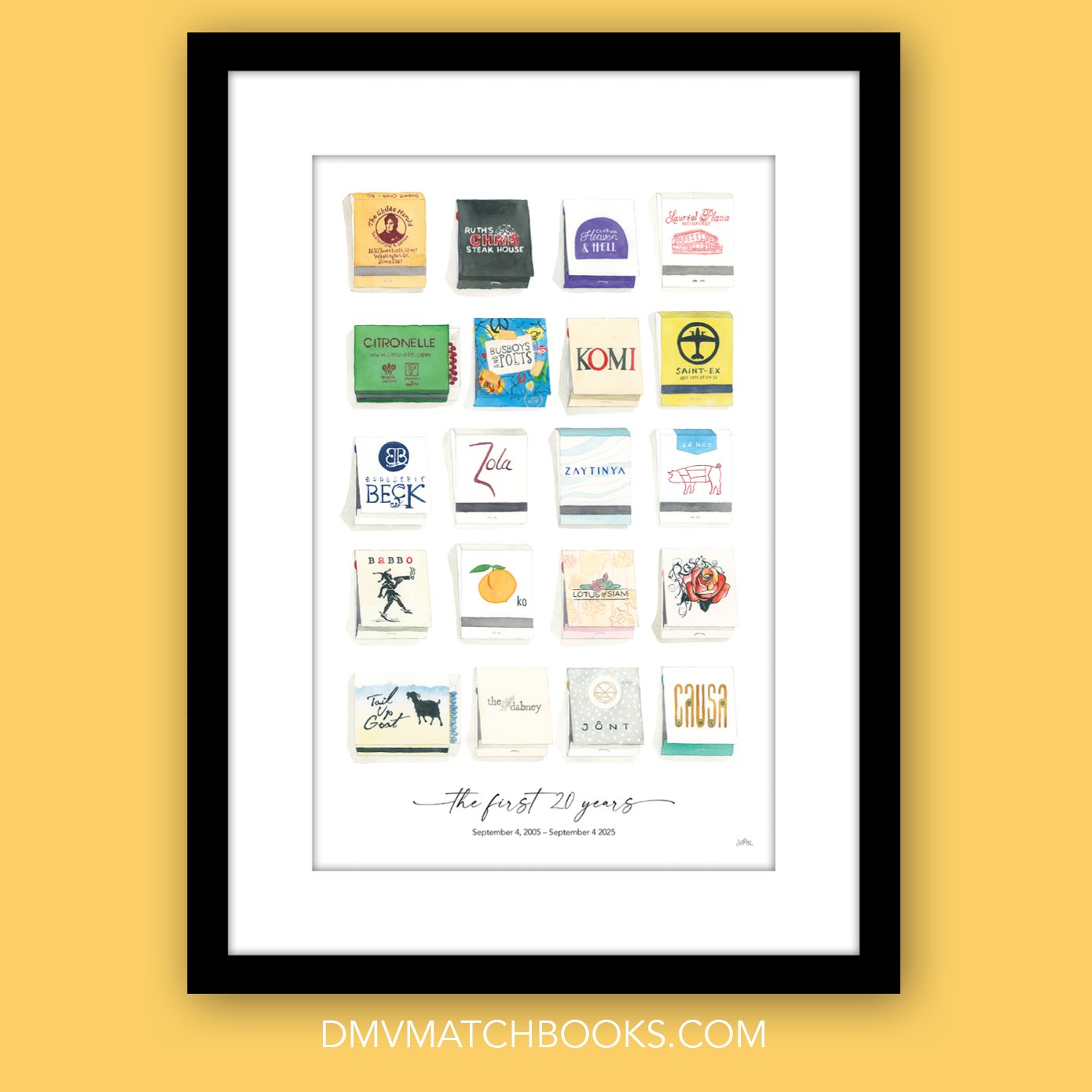 20 favorite restaurants to celebrate 20 years together, listed in chronological order ❤️ 

(11x17&rdquo; framed custom matchbook print, September 2025)

#matchbookart #matchbookpainting  #supportsmallbusiness #eatlocal #drinklocal #DMVmatchbooks