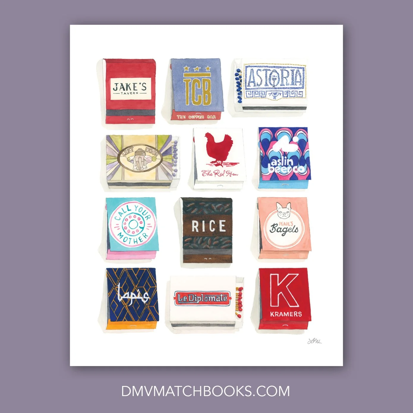 So many new restaurants on this custom print! Loved painting the stained glass above the door for @leftdoordc  and funnily, I&rsquo;d just finished painting the new matchbook for @pearlsbagels  and Child1 mentioned she was meeting friends there for t