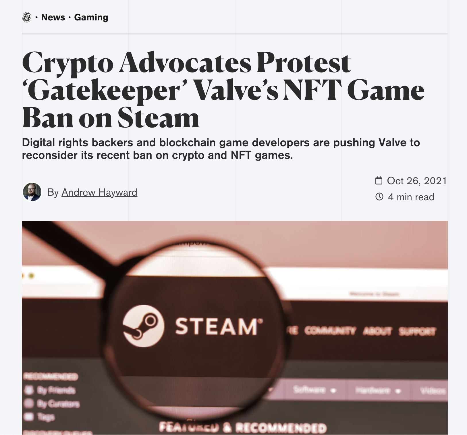 Decrypt: Crypto Advocates Protest ‘Gatekeeper’ Valve’s NFT Game Ban on Steam