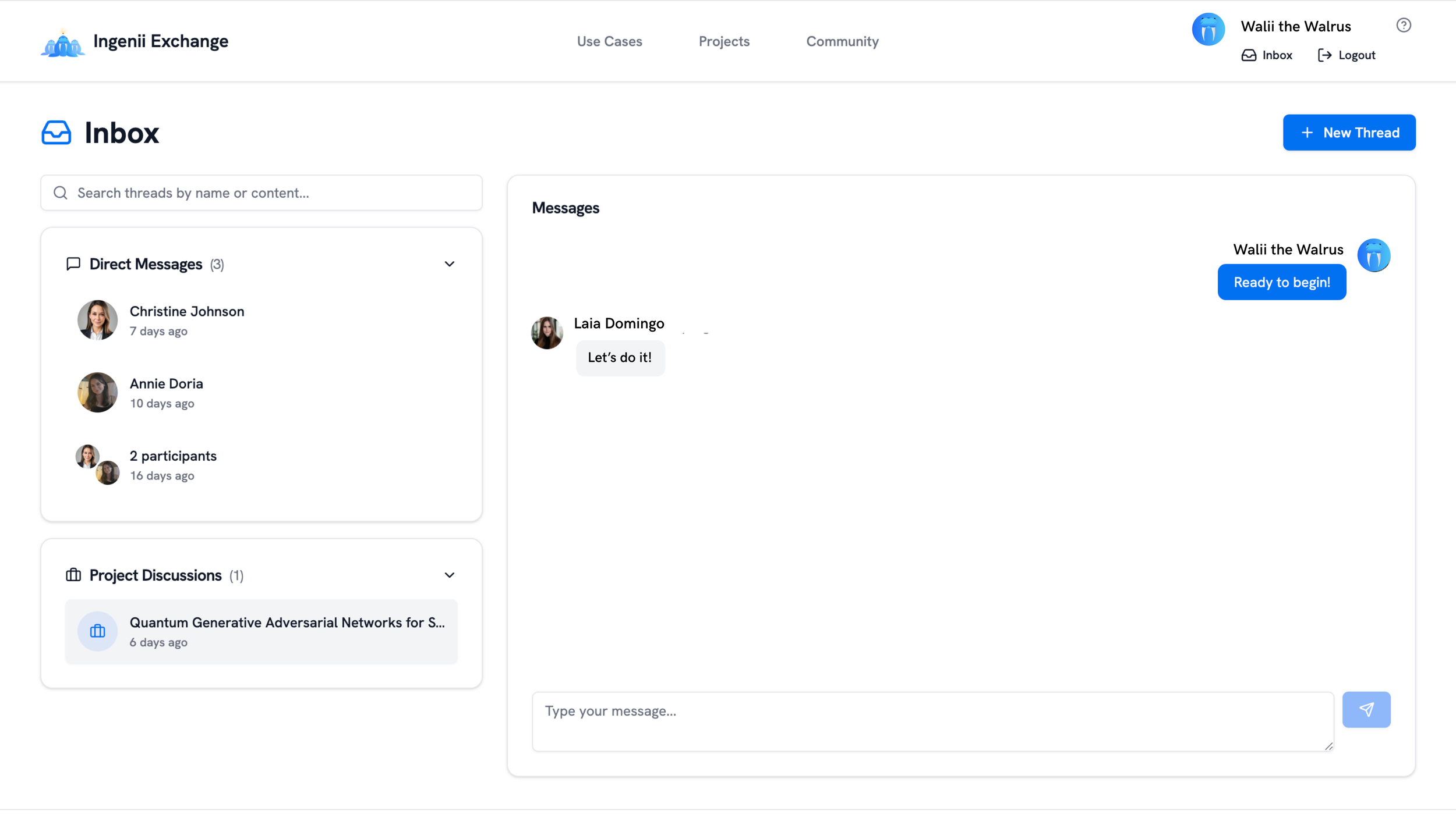 Message fellow researchers via direct messages and project discussion threads.
