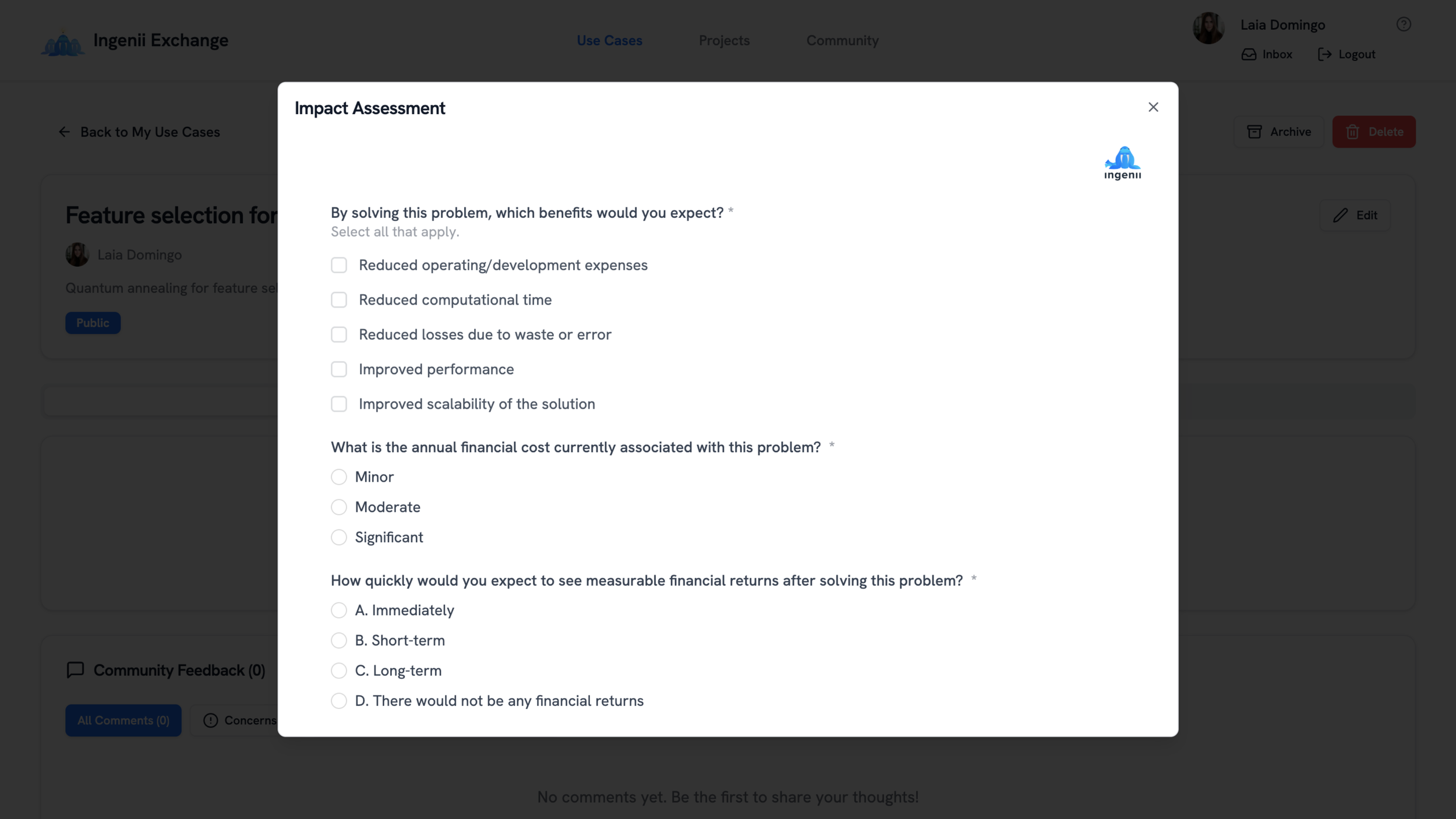 Take assessments to evaluate expected business impact and technical feasibility for your research problem.