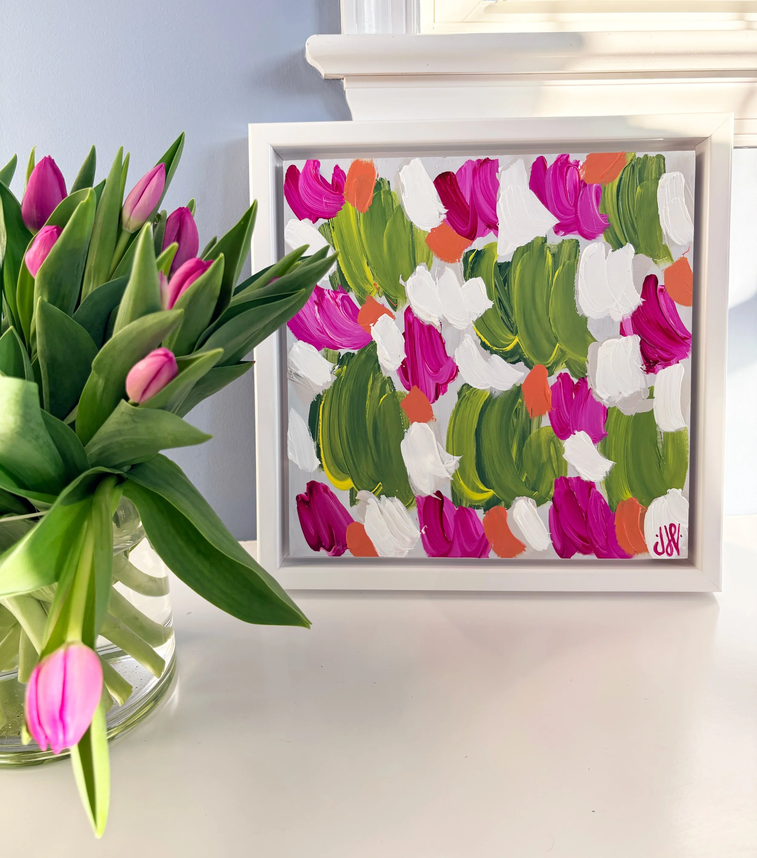 Spring Abstract 2 - 14x14 in white gloss float frame