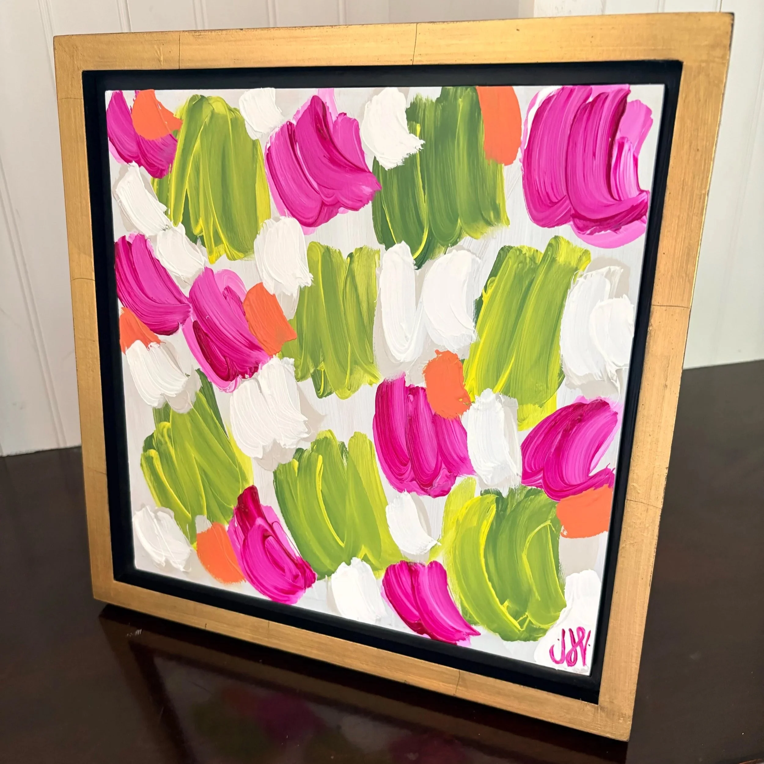 Spring Abstract 1 - 14x14 in gold float frame