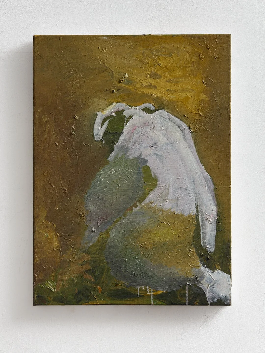 An abstract oil painting of a white rose against a textured earthy brown background.