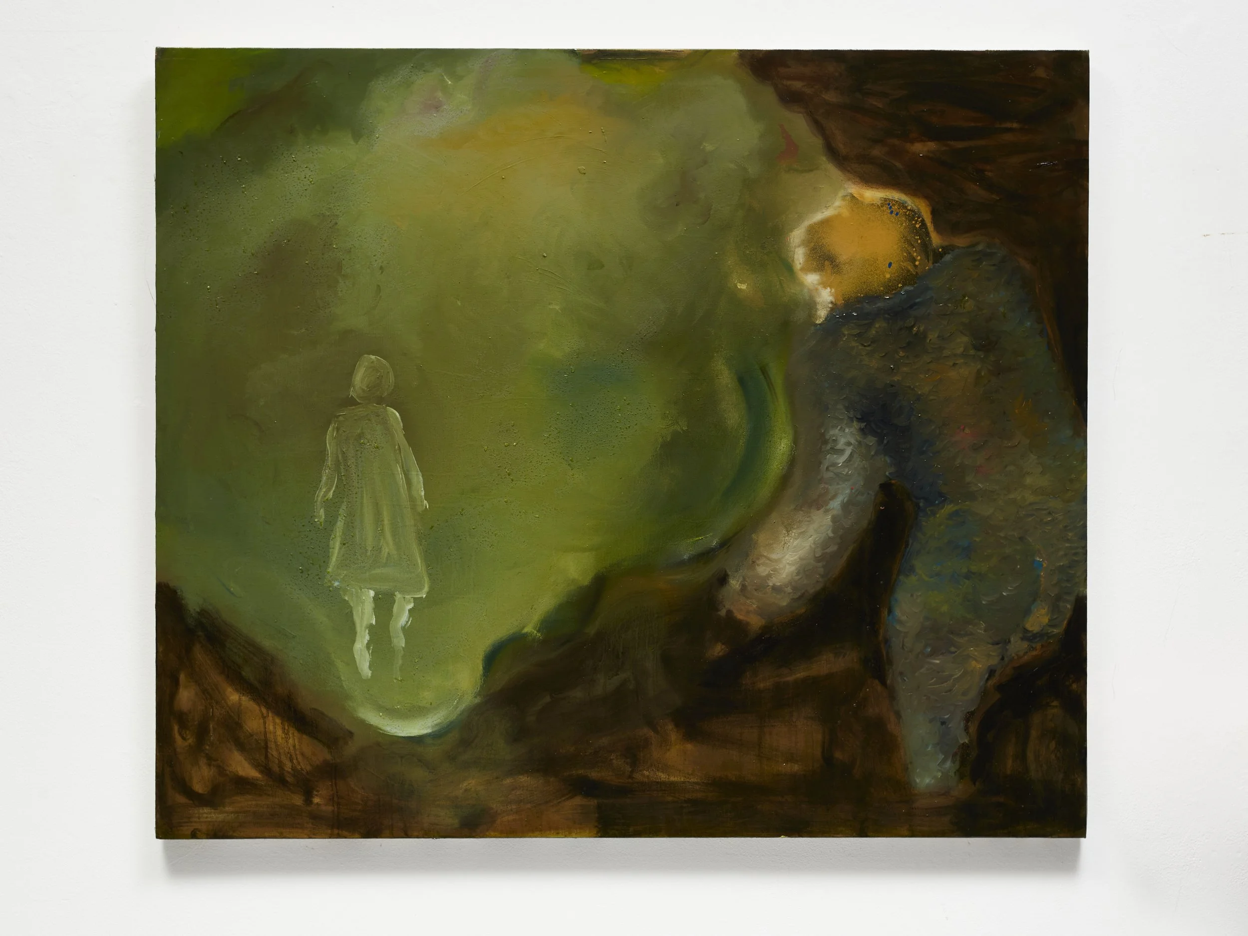 Abstract painting with a glowing, greenish background and a small, white, sketch-like figure of a girl in a dress and boots. The girl appears to be floating or standing in a surreal, dreamlike environment.