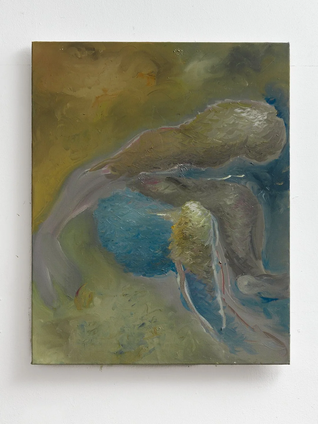 Abstract landscape painting with trees and a blue sky, featuring thick, textured brushstrokes.