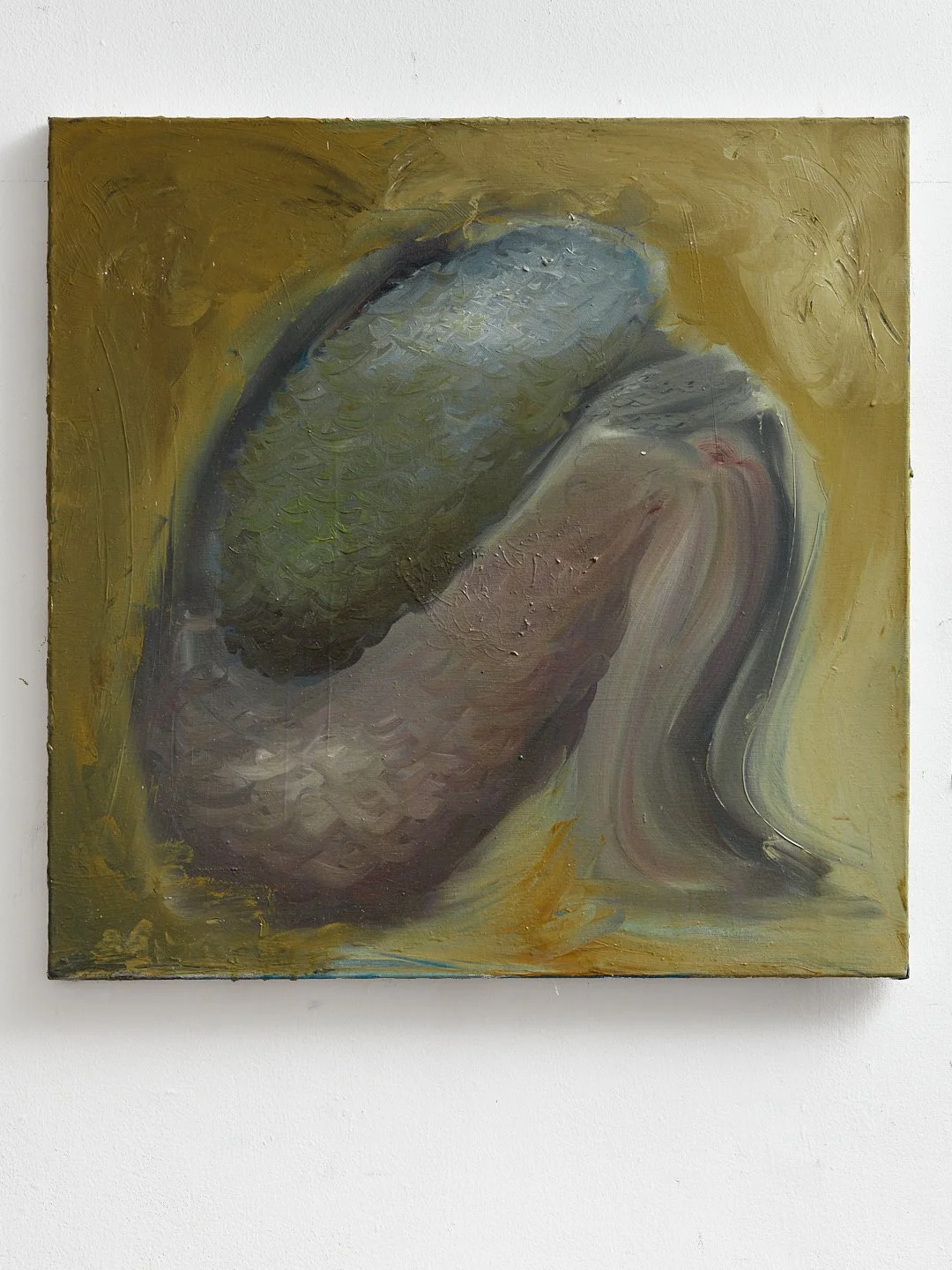An abstract painting of a fish on canvas with textured brushstrokes, featuring green, gray, and pinkish hues, set against a yellowish background.