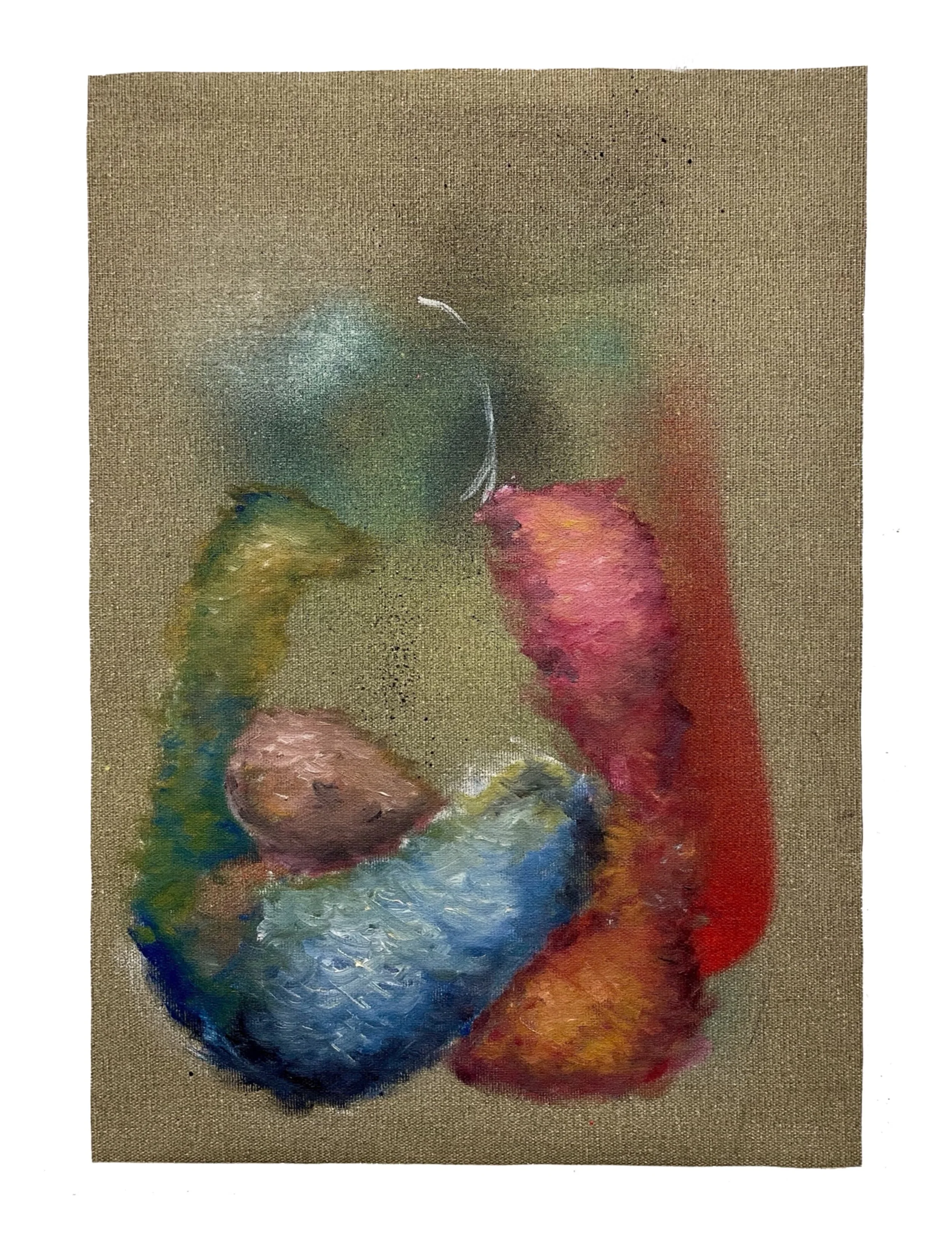 In Loving Memory,
Oil and spray paint on unstretched reverse primed linen,
29.7 x 42 cm,
2024
