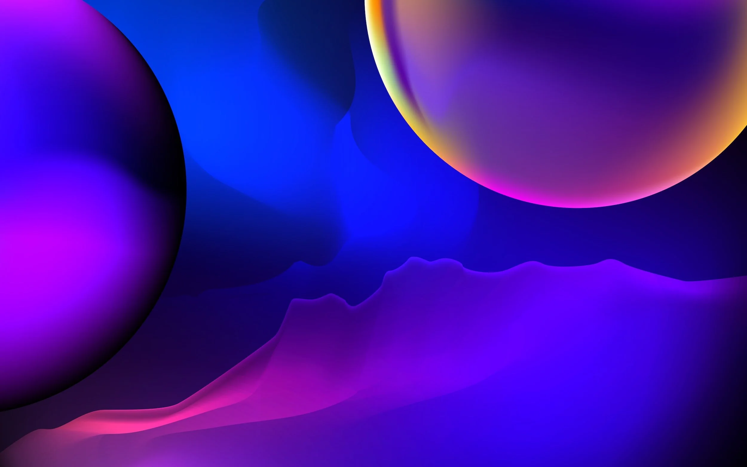 Abstract digital art with vibrant, flowing shapes and glowing spheres in shades of purple, pink, blue, and yellow.