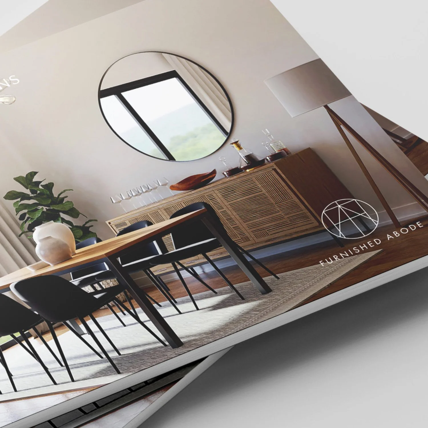 Modern dining room with black chairs around a wooden table, large mirror on the wall, a sideboard with glassware and decanters, potted plant, and a window with beige curtains.