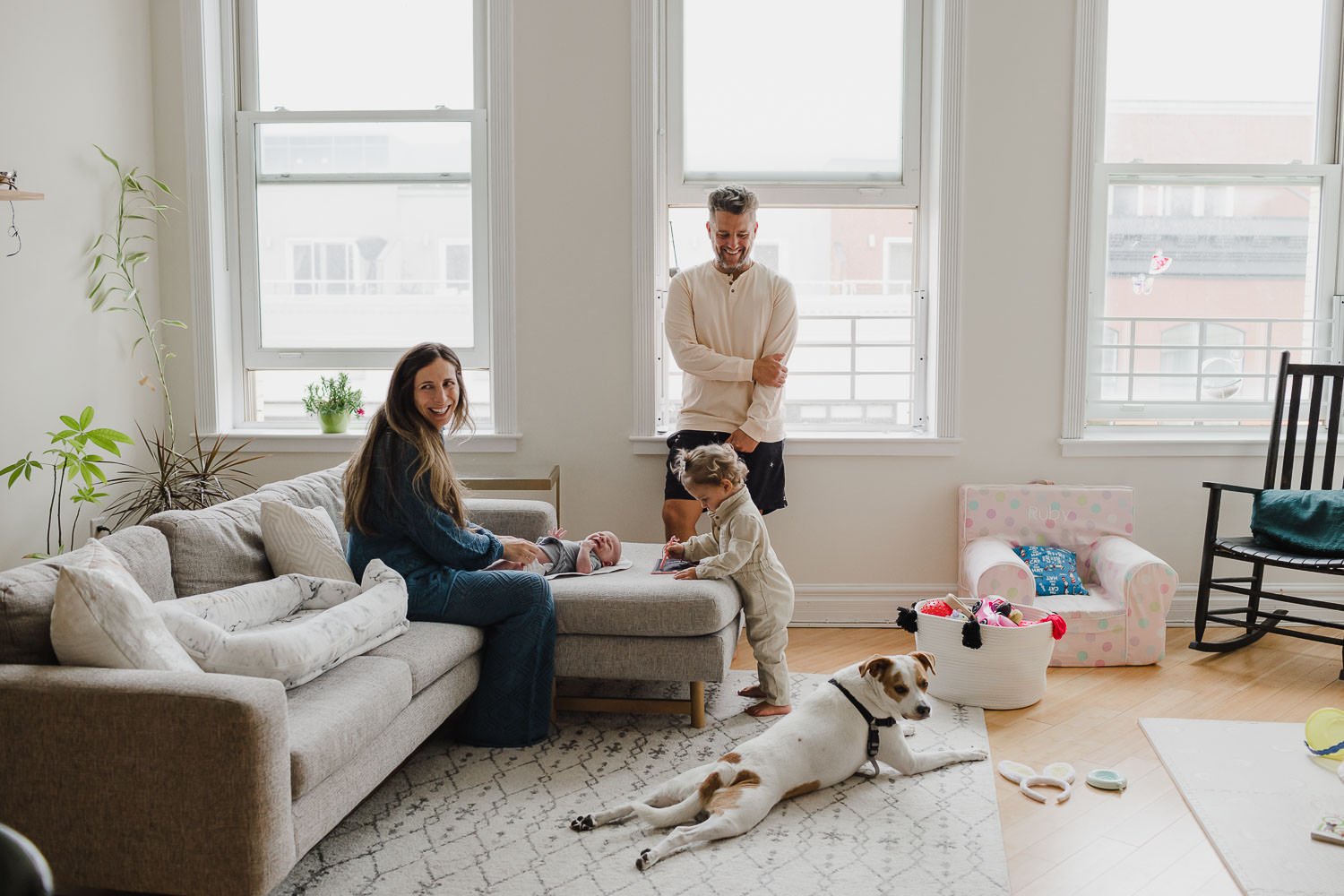 Lifestyle Family Portraits at Home with toddler and newborn