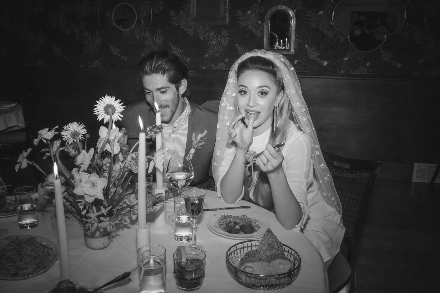 Bride eating Spaghetti GoodFellas Inspired Wedding Editorial at Nettie's House of Spaghetti