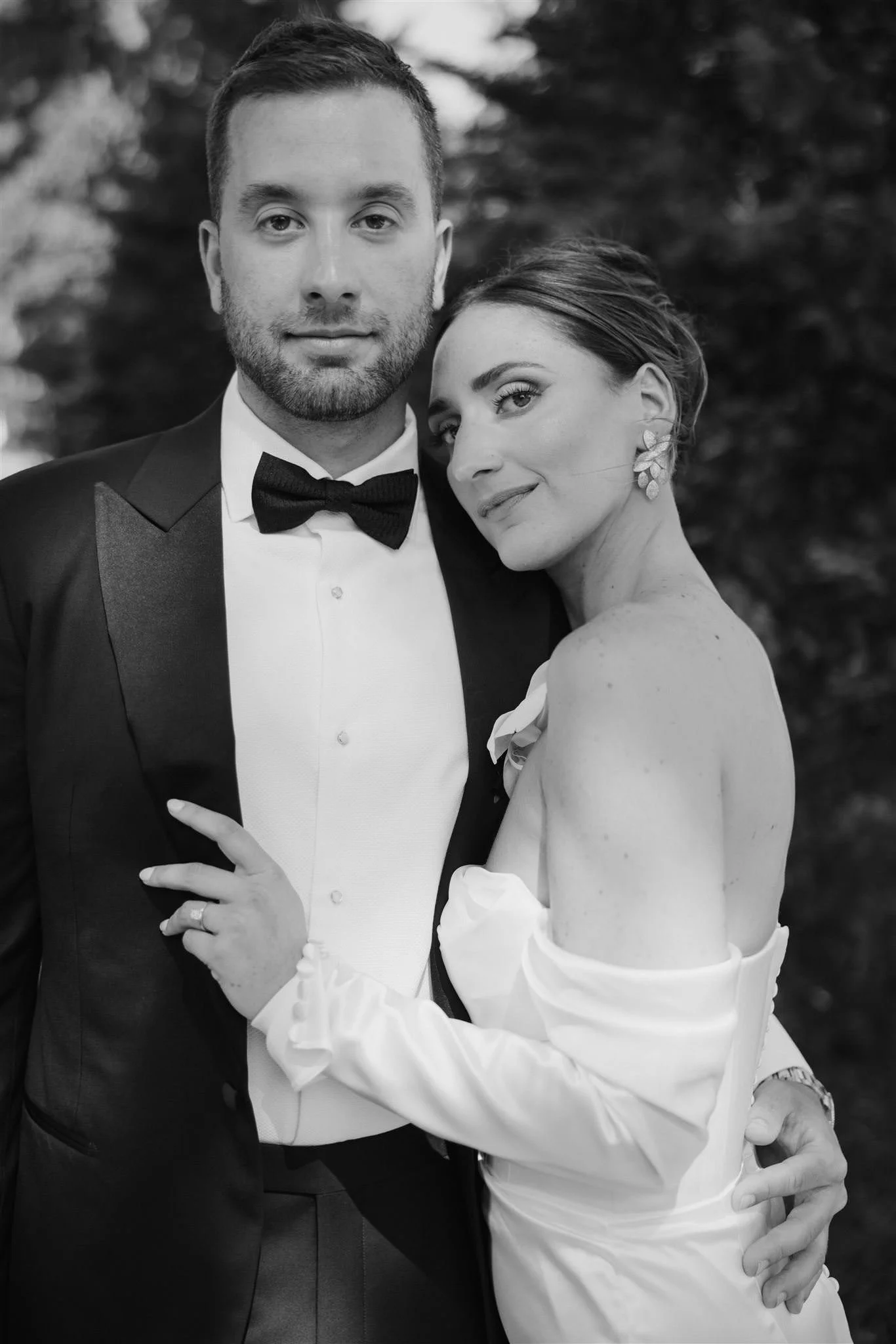 Black and white portrait of bride and groom at Park Loft Wedding