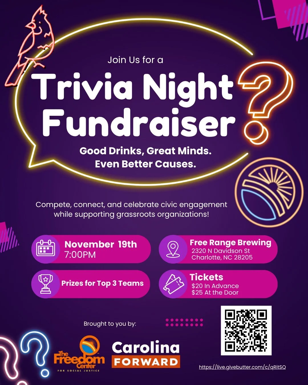 Think you&rsquo;ve got the brains to claim the top spot? 🧠✨ Join us for an unforgettable Trivia Night with The Freedom Center for Social Justice and @carolina.forward! A night of laughs, community, and friendly competition for a great cause!

🎟️ Ti