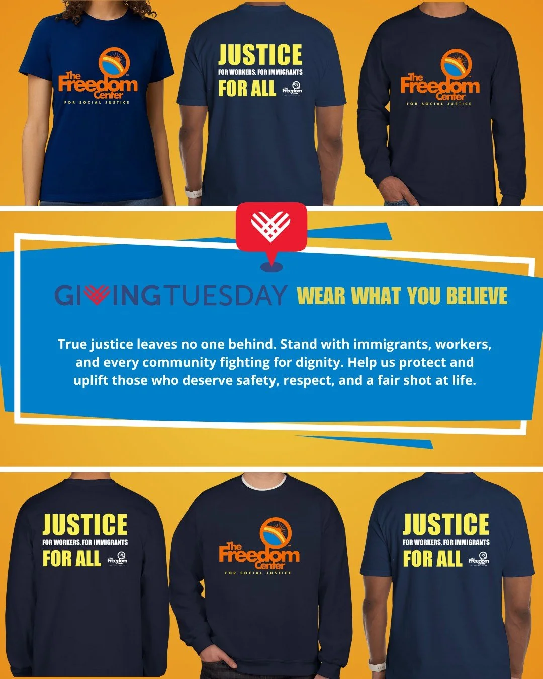 Our immigrant neighbors deserve safety, dignity, and a community that stands with them. Proudly show this reminder that liberation is not selective. When you wear this shirt, you help support legal aid, advocacy, and protection for people targeted by