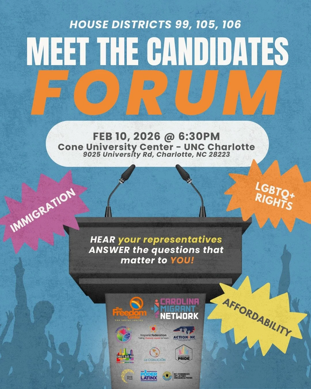 🗳️ Meet The Candidates Forum 🗳️
Join us for a community-centered conversation with House District candidates from 99, 105, and 106, where issues that matter most to our lives take center stage. From immigration and LGBTQ rights to housing, affordab