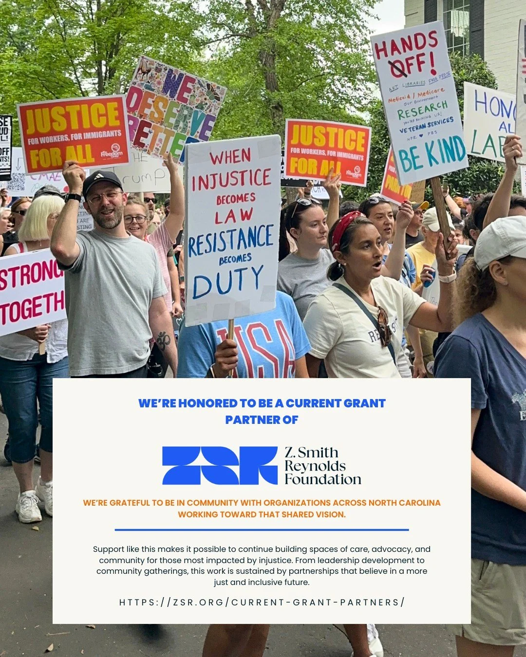 Grateful to be in community with partners who believe in this work. Thank you @zsrfoundation  for supporting our work and investing in community, justice, and collective power 🧡 

Being included among organizations across North Carolina doing transf