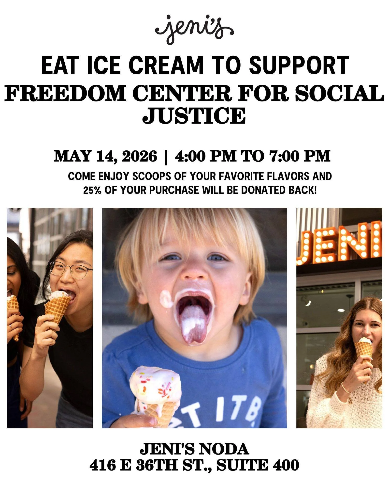 Join us for an Ice Cream Social Fundraiser at Jeni's Splendid Ice Creams and support the work of the Freedom Center for Social Justice! During this event, 25% of all sales will be donated back to help fuel our advocacy, community programs, and moveme