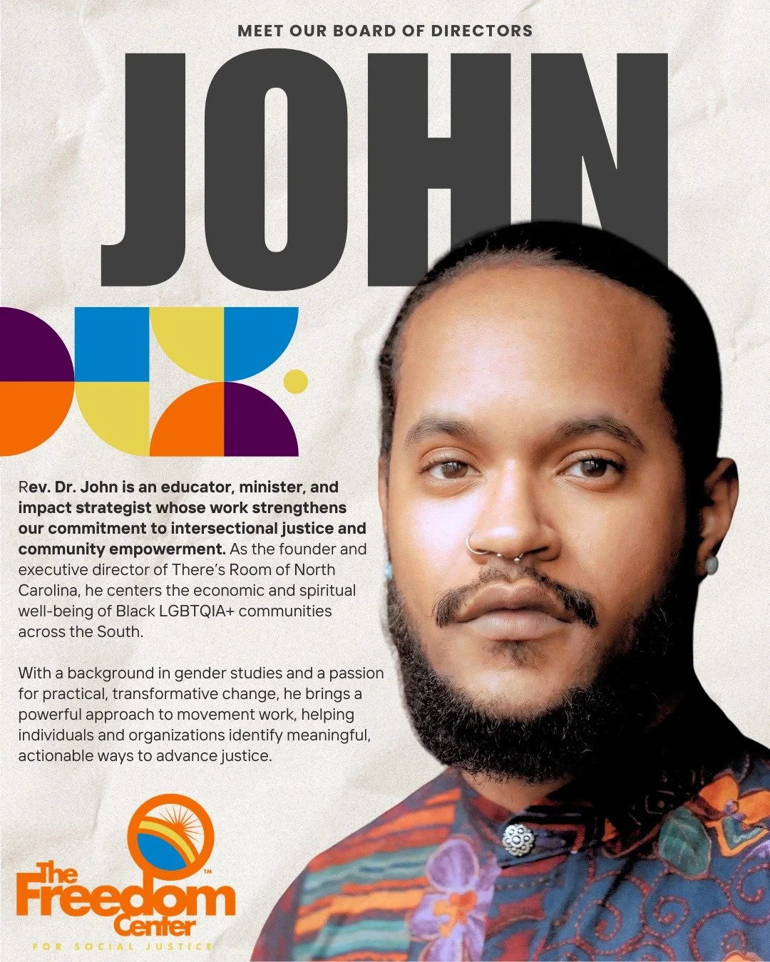 🌟 Board Spotlight: Rev. Dr. John D. Blackshire 🌟

As an educator, minister, and impact strategist, he brings a powerful commitment to advancing justice for Black LGBTQIA+ communities across the South. Through his work, he centers both the spiritual