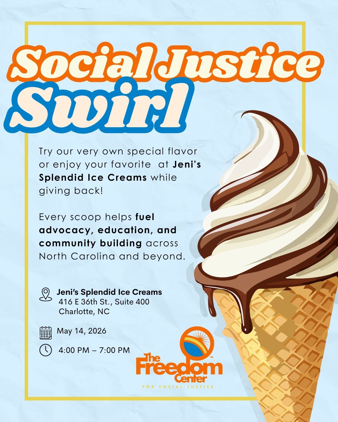 Today&rsquo;s the day 🍦 Social Justice Swirl is officially in season.

Pull up to Jeni&rsquo;s NoDa from 4&ndash;7 PM and turn your ice cream run into real impact. Every scoop supports the Freedom Center and helps fuel the work we do in our communit