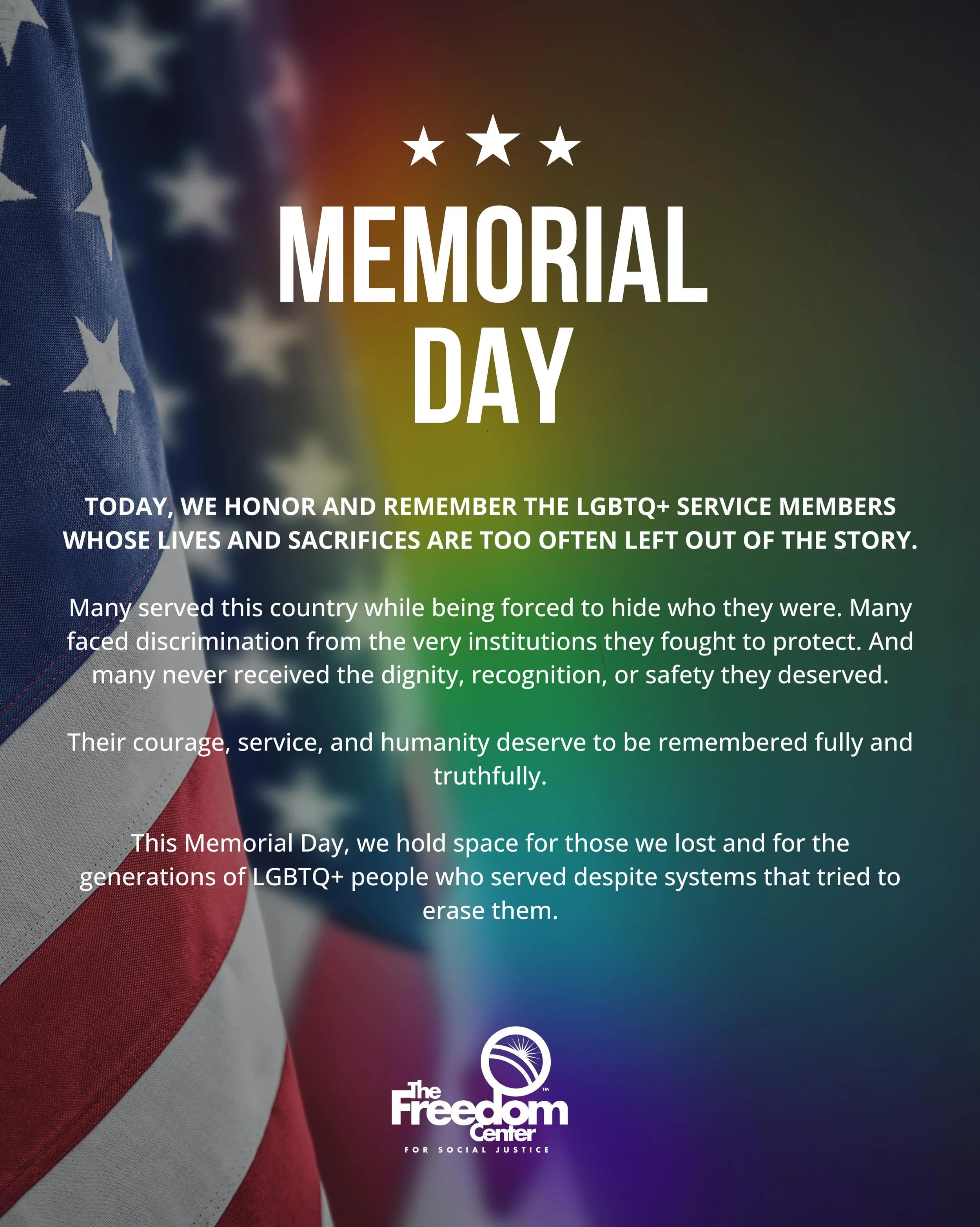 This Memorial Day, we remember the LGBTQ+ service members whose stories have too often been erased from history. 🇺🇸🏳️&zwj;🌈

People who served, sacrificed, and showed courage while navigating discrimination both within and outside their service. 