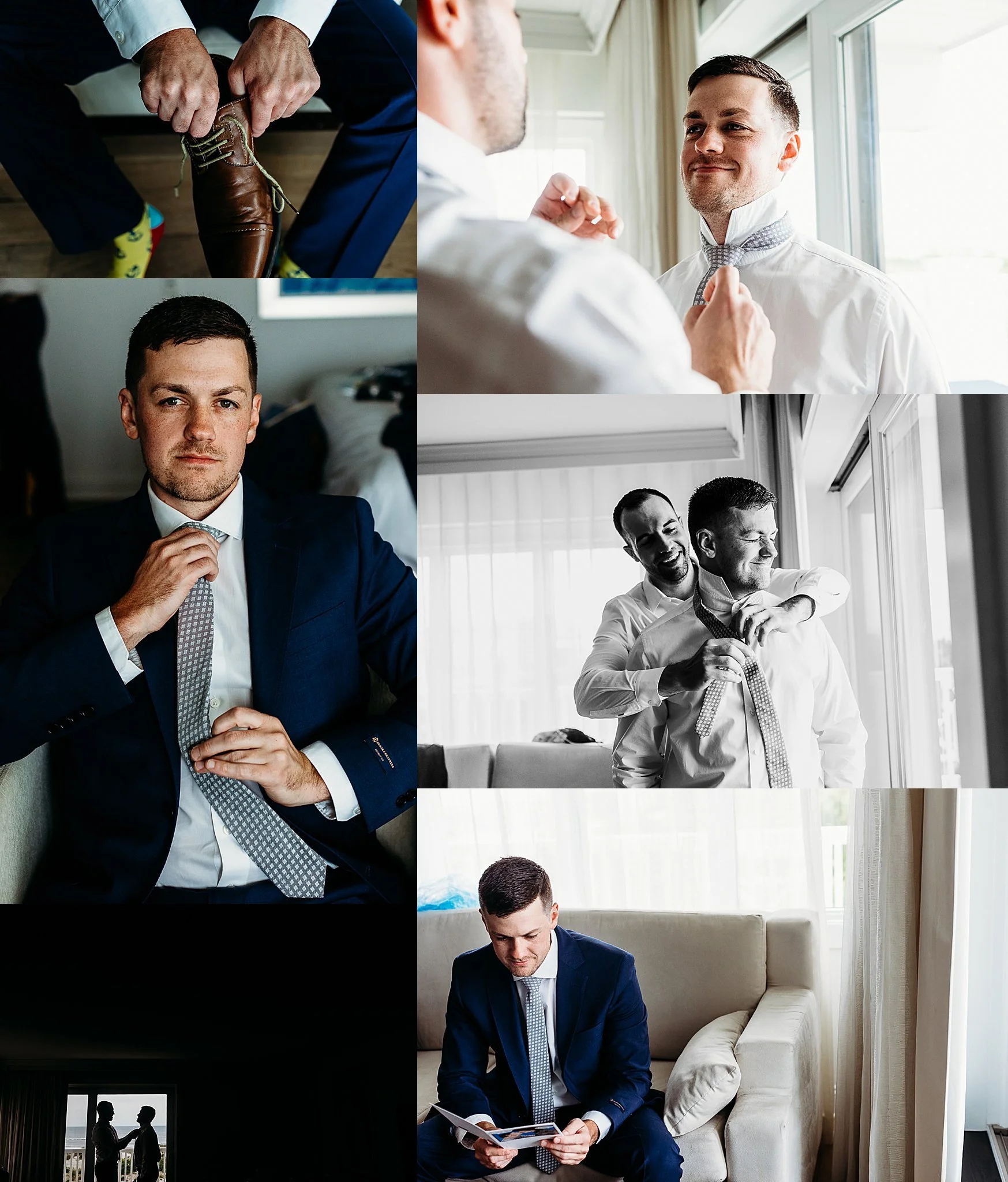 groom getting ready on wedding day with best man
