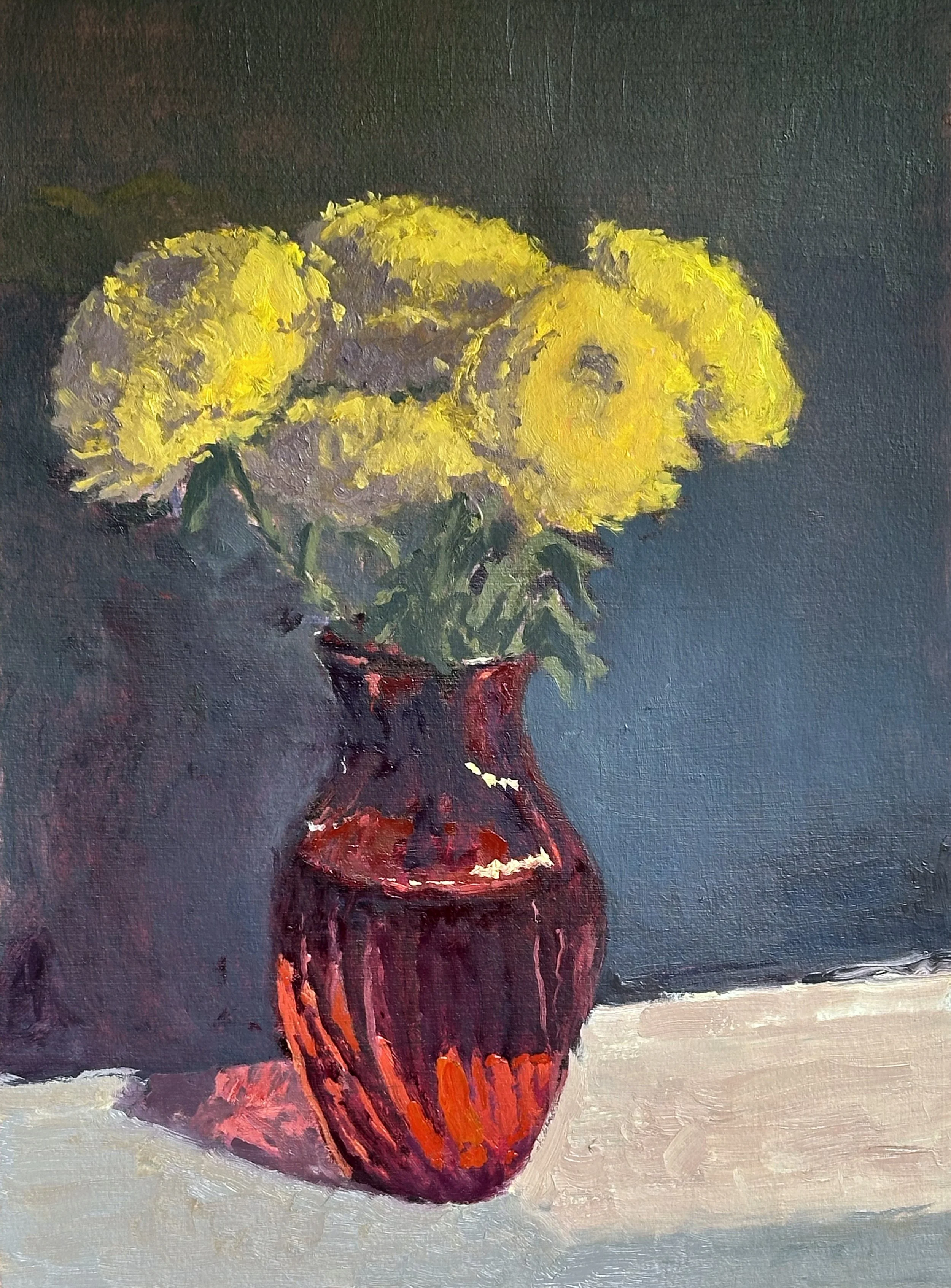 Chrysanthemums in red vase | Oil, 9x12 - Available