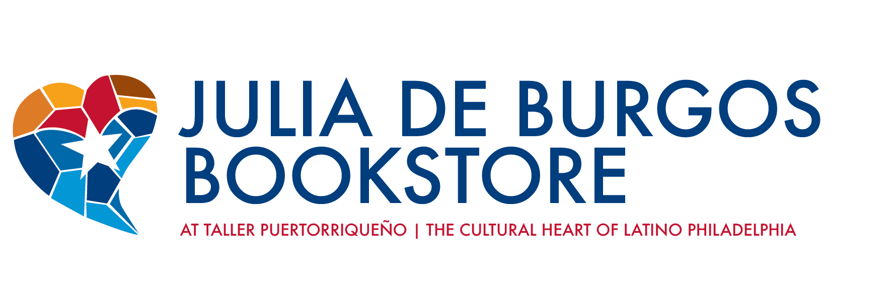 Logo for Julia De Burgos Bookstore featuring a colorful mosaic heart with a white star inside, and text indicating its location at Taller Puertorriqueño in Philadelphia