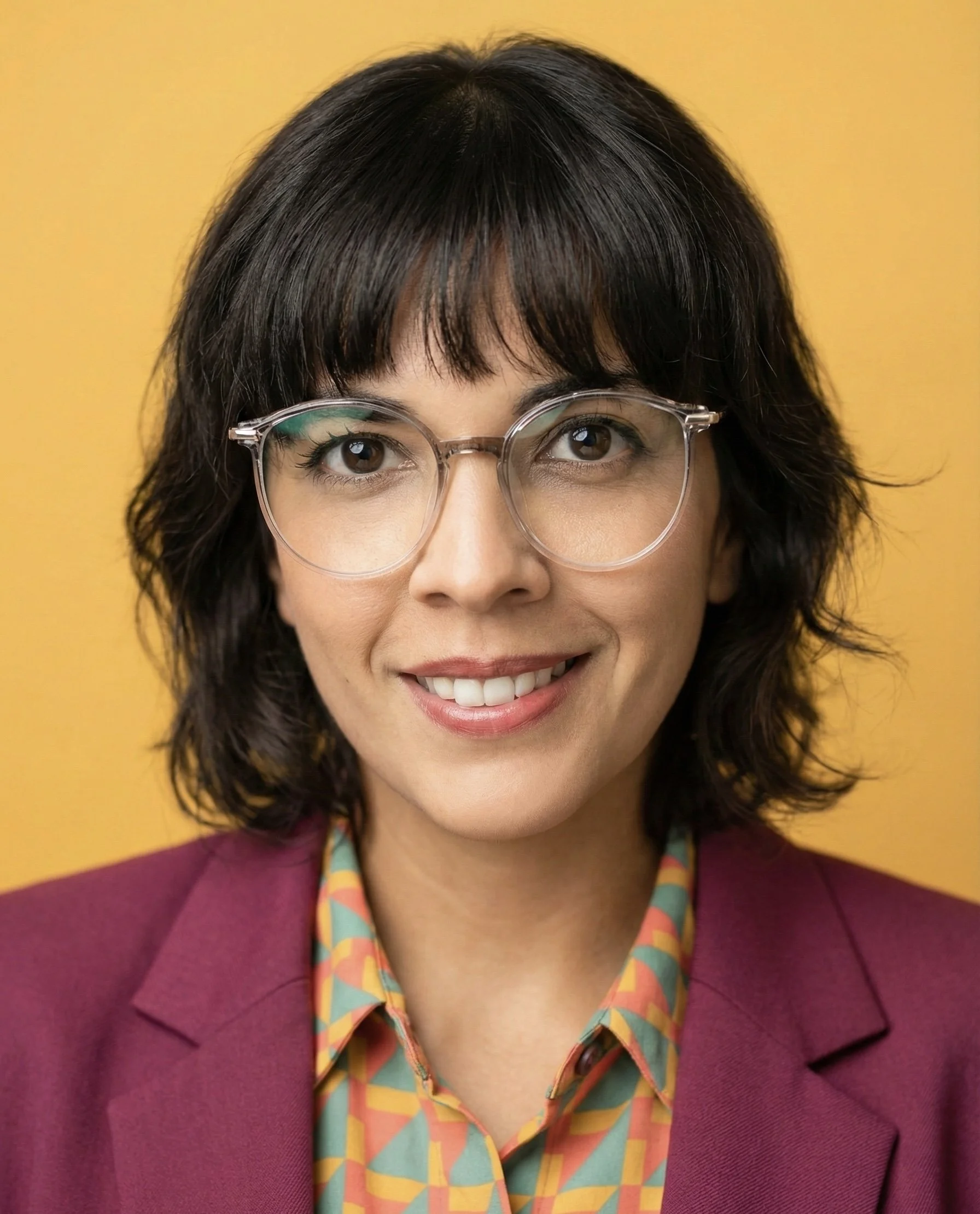 Foto de perfil de Camil, Coach y Consultora Neuroinclusiva. Tiene cabello corto ondulado y gafas transparentes. Proyecta una imagen profesional y accesible, vistiendo una chaqueta color uva y una camisa estampada.