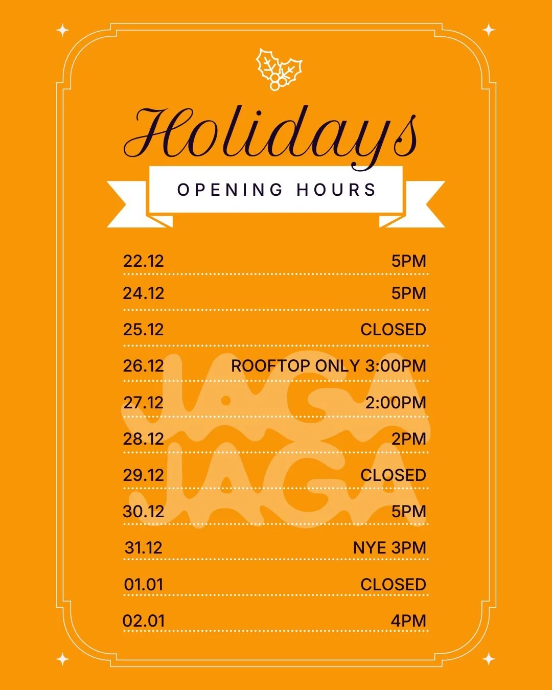Festive season is officially on ✨
OUR HOLIDAY HOURS ARE LIVE, AND TABLES ARE FILLING FAST.
Swing by for relaxed festive vibes, great food and a proper end-of-year catch-up.

Book ahead via our website.

#JagaJaga #FestiveVibes #EndOfYearCatchUps #Dec