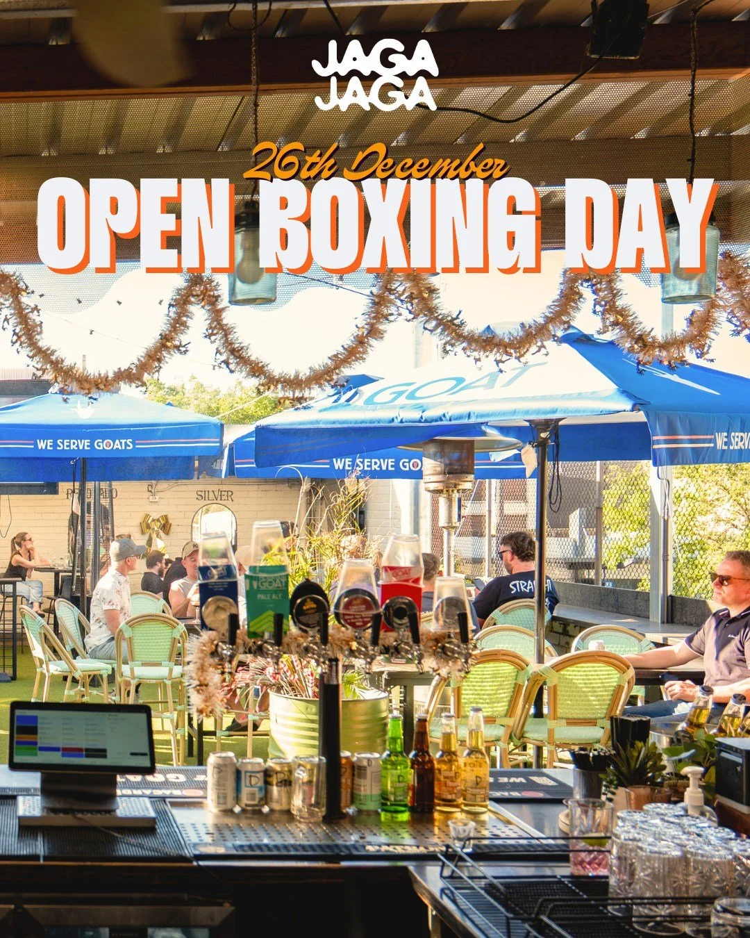 WE&rsquo;RE OPEN BOXING DAY, 26 DECEMBER 🍹
Easy catch-ups, relaxed vibes and room to stretch the festive mood.

Good food, cold drinks and plenty of space on the rooftop to settle in with your crew.
Bookings via our website.

#JagaJaga #BoxingDay #O