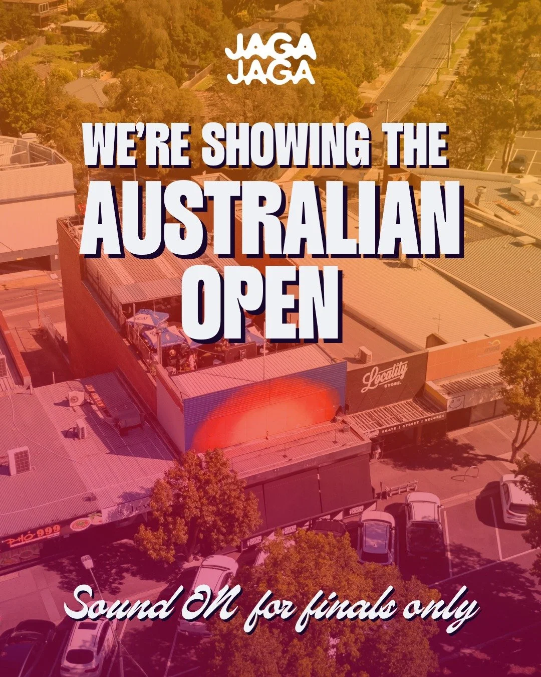 Game, set, match 🎾
The Australian Open is playing all tournament long at Jaga Jaga (sound off).

Finals weekend we turn it up 🔊
Women&rsquo;s &amp; Men&rsquo;s Finals with sound on in selected areas.

#JagaJaga #AO2026 #TennisVibes #WatchTheFinals 