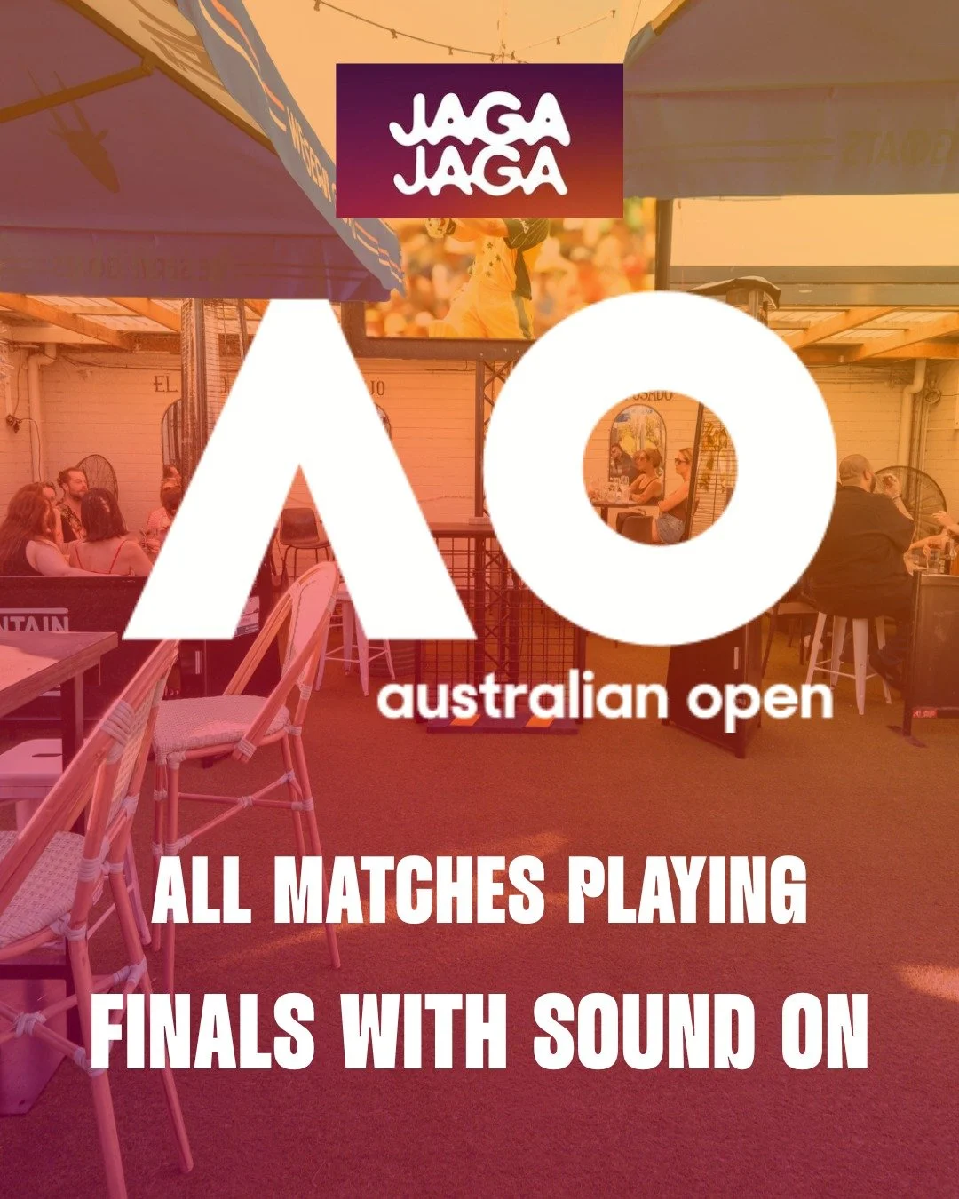 THE AUSTRALIAN OPEN IS PLAYING THROUGHOUT JAGA JAGA 🎾
Catch every match across the venue (sound off) while you eat, drink, and hang out.

This weekend we&rsquo;re turning it up 🔊
Women&rsquo;s &amp; Men&rsquo;s Finals will be shown with sound ON in