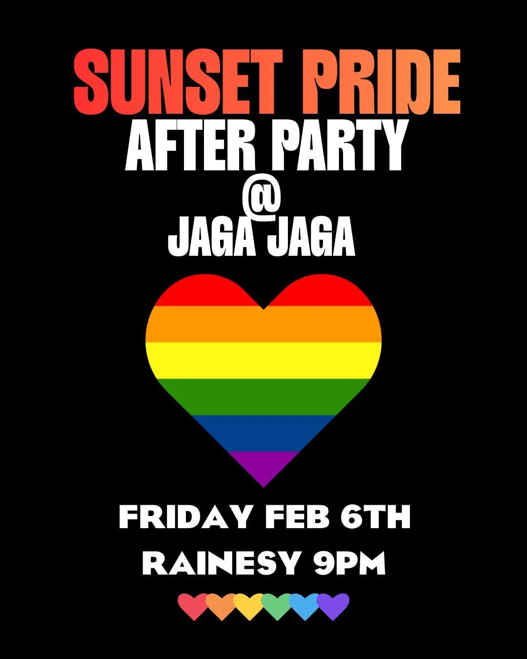 🌅 SUNSET PRIDE AFTER PARTY 🌈
Next Friday, Feb 6, we&rsquo;re keeping the Pride glow going at Jaga Jaga as the sun goes down and the colours come alive ✨

Expect our special Rainbow Fizz, all your regular favourite drinks, the full Jaga Jaga menu, a