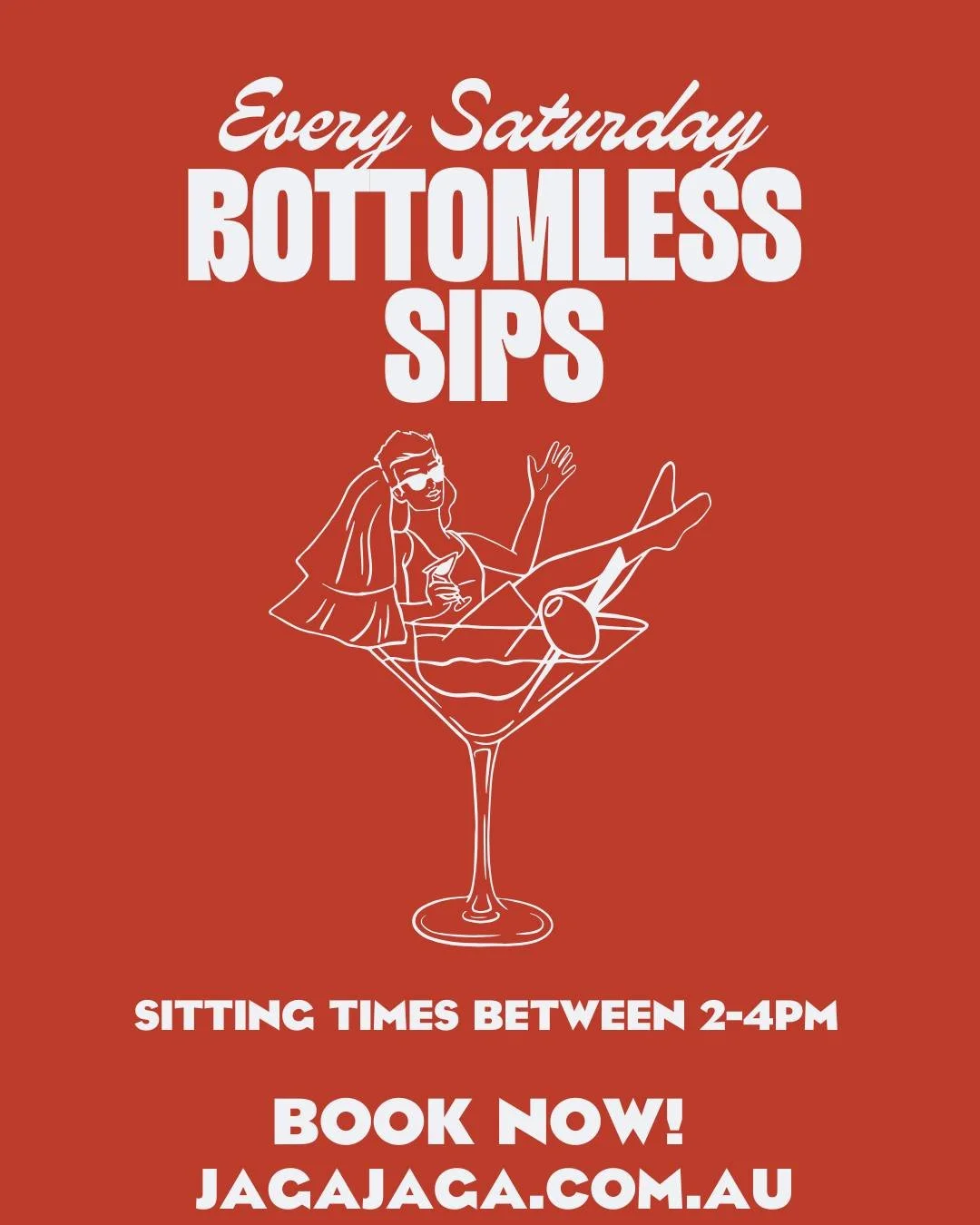 🍕🍹 Bottomless done right at Jaga Jaga
Join us for Saturday bottomless drinks &mdash; selected cocktails, beer &amp; wine &mdash; plus a shot on arrival to kick things off 🥂

You&rsquo;ll also enjoy a selection of assorted pizzas, with a mix of fla