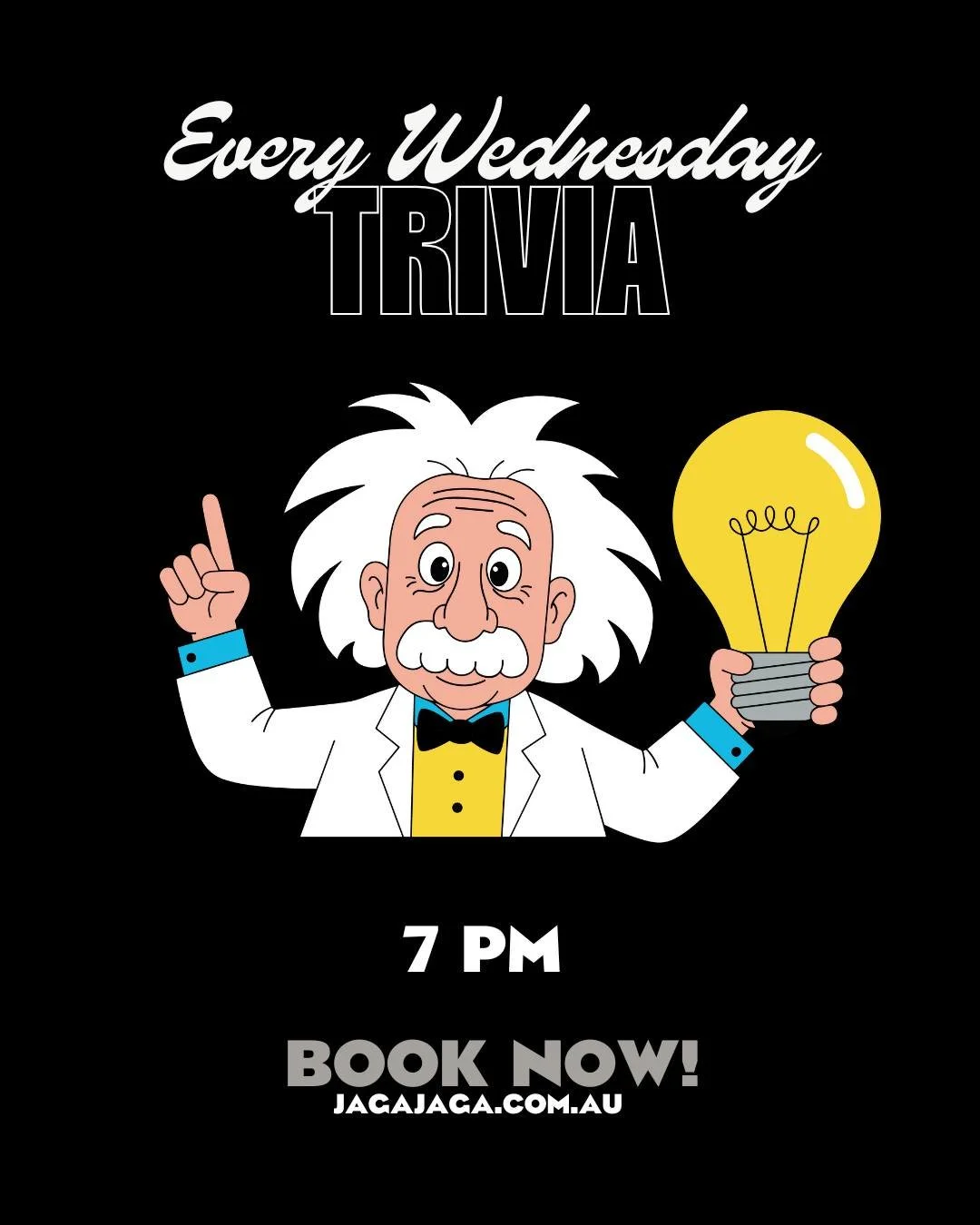 Join us every Wednesday from 7pm for a free night of brain-teasing fun at Jaga Jaga.

🎁 Prizes up for grabs
🍔 Food &amp; drinks flowing
🍹 Order at the bar or kick back with table service

Spots are limited, so book ahead to lock in your table.
Gra