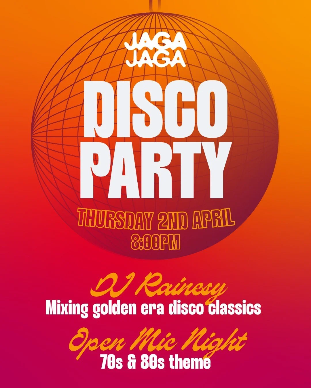 JagaJaga Disco Party &mdash; Thursday 2 April 🪩
Kick off the Easter long weekend the right way at Jaga. 

🕺  Head upstairs to the rooftop where @rainesy.dj  will be spinning and remixing classics from the GOLDEN ERA OF DISCO.

🎙 Feeling brave? Dow