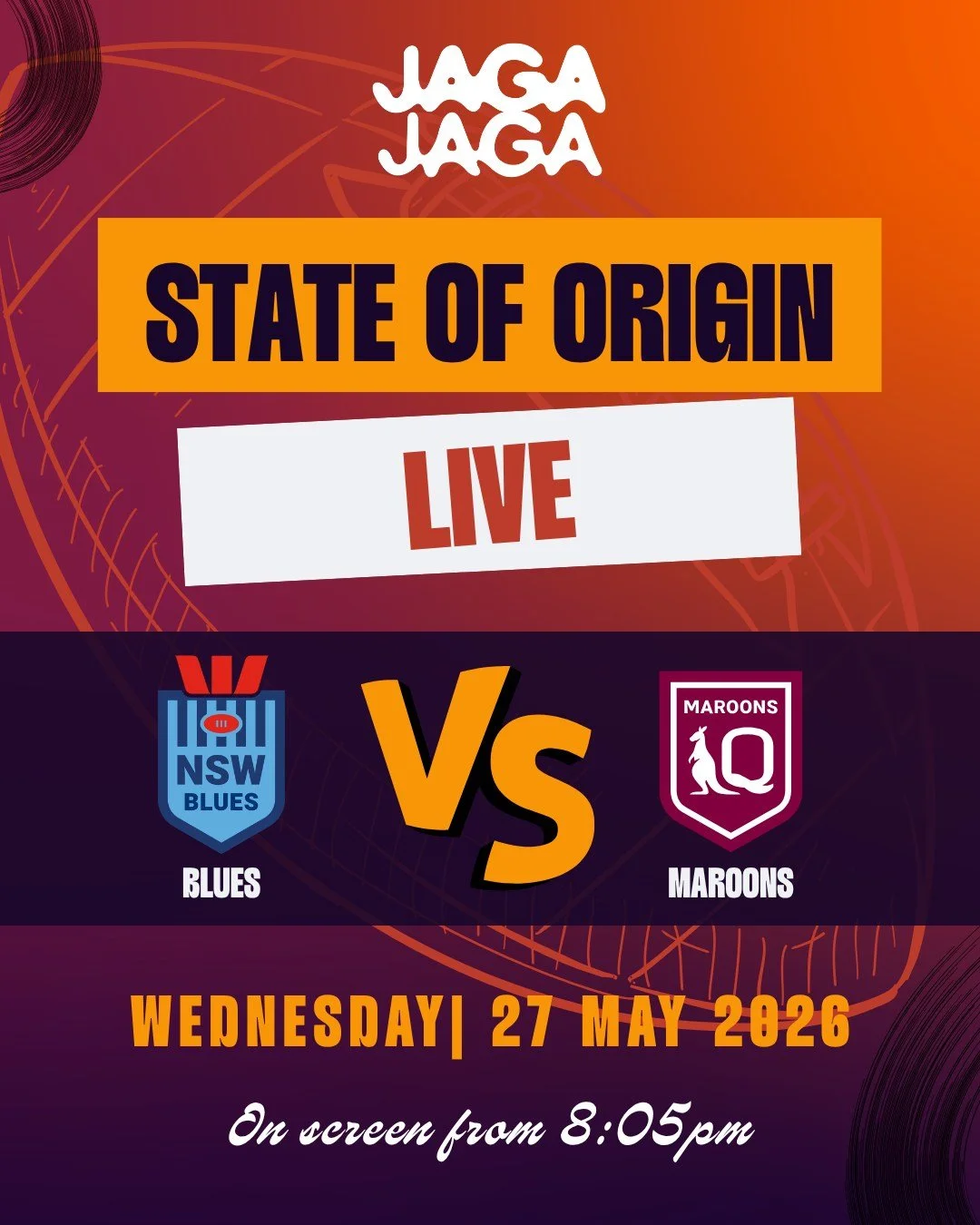 State of Origin at Jaga Jaga &mdash; Wednesday, 27 May 🏉🍻
We&rsquo;ll have the drinks flowing, plenty on the menu to pair with them, and the footy on screen all night. No sound, just good hangs and Origin vibes. Come catch the game with us.

#State