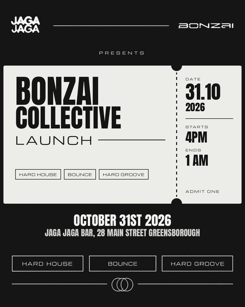 Halloween is taking over the Jaga Jaga rooftop on Saturday 31 October, with @bonzaicollective bringing a full afternoon and evening of hard house, bounce and hard groove 🖤🔊

From 4pm to 11pm, expect big sounds and a stacked lineup featuring @cohens