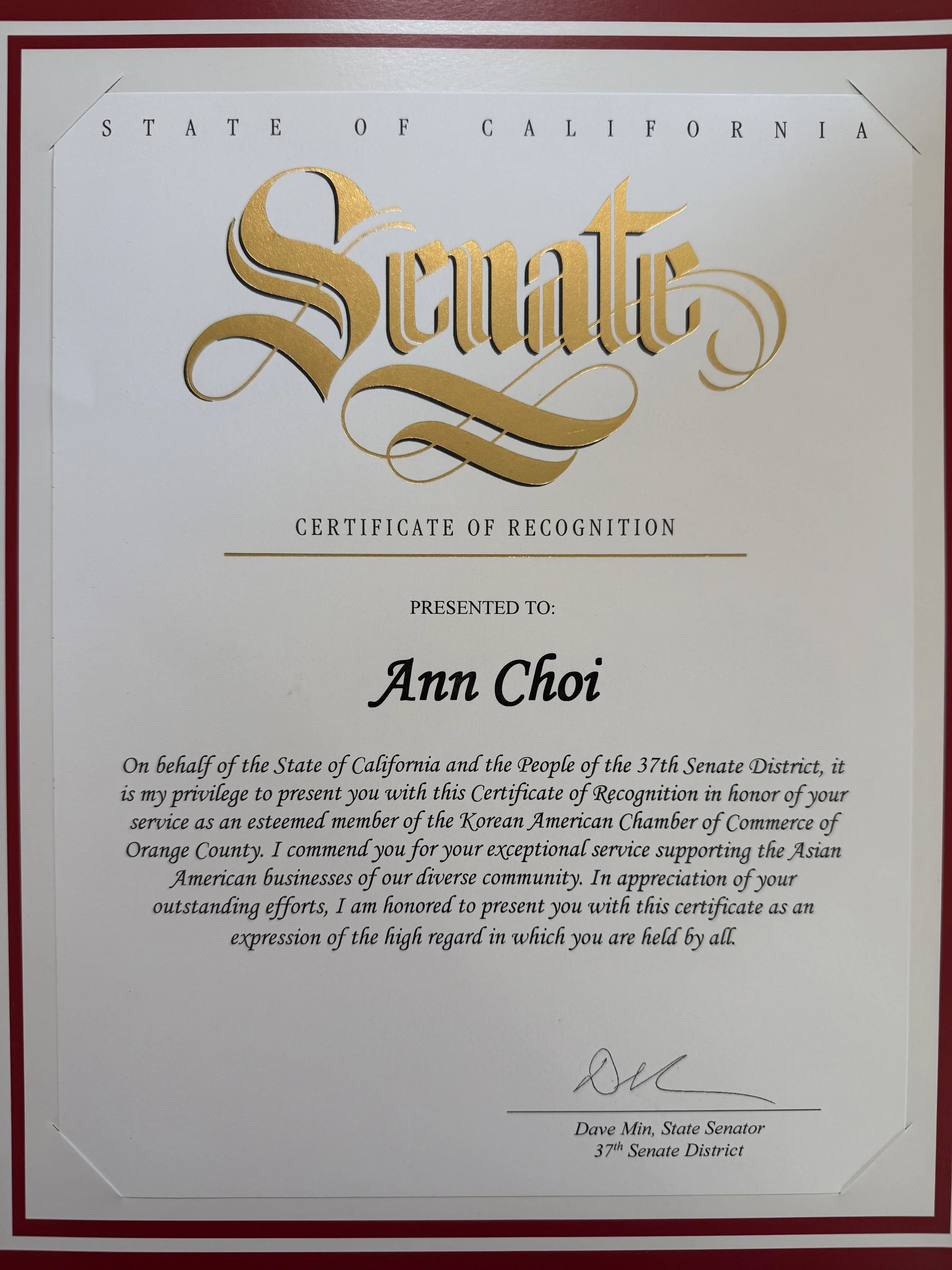 State of California Senate | Certificate of Recognition