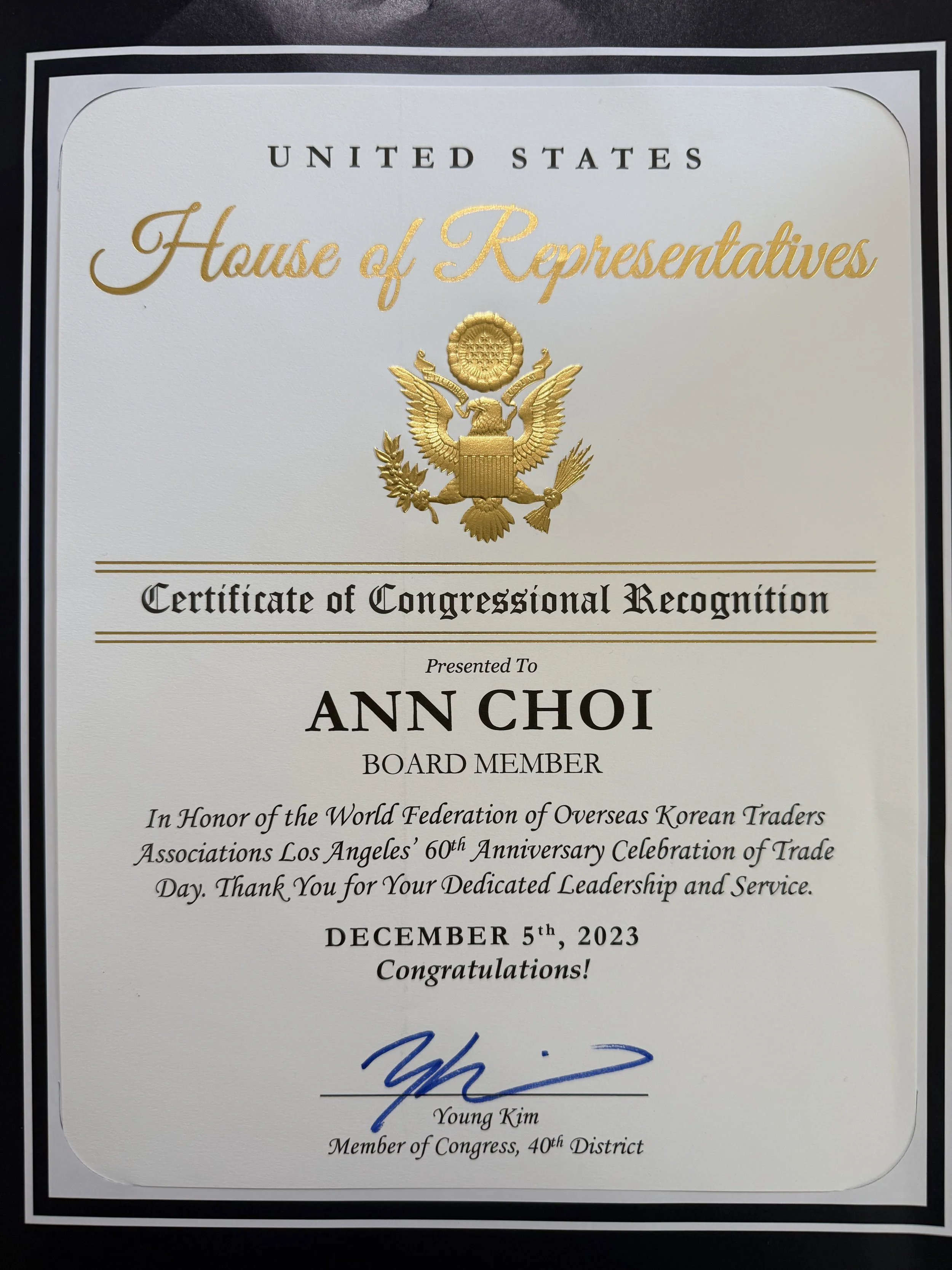 House of Representatives | Certificate of Congressional Recognition | 2021