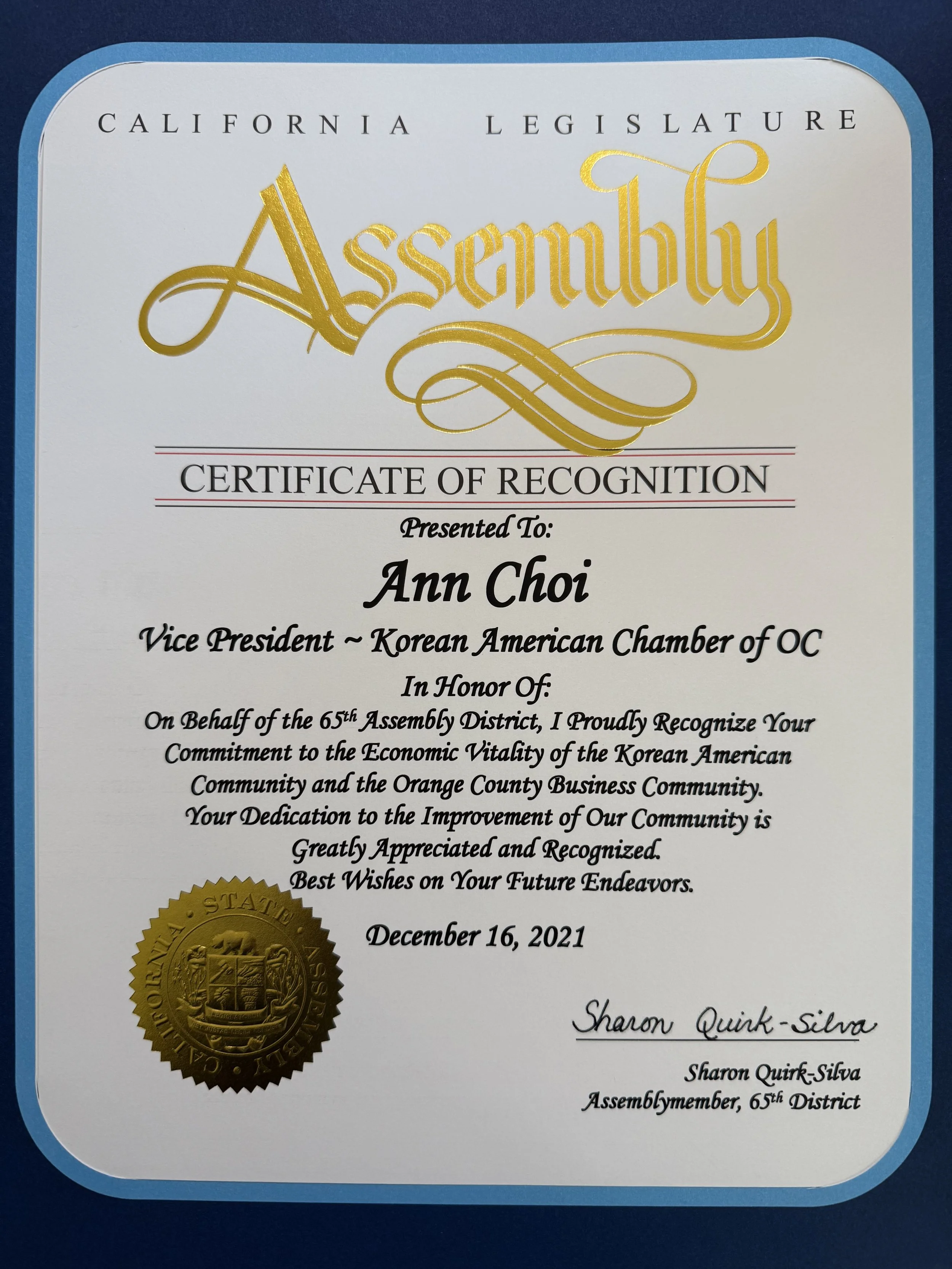 California Legislature Assembly | Certificate of Recognition