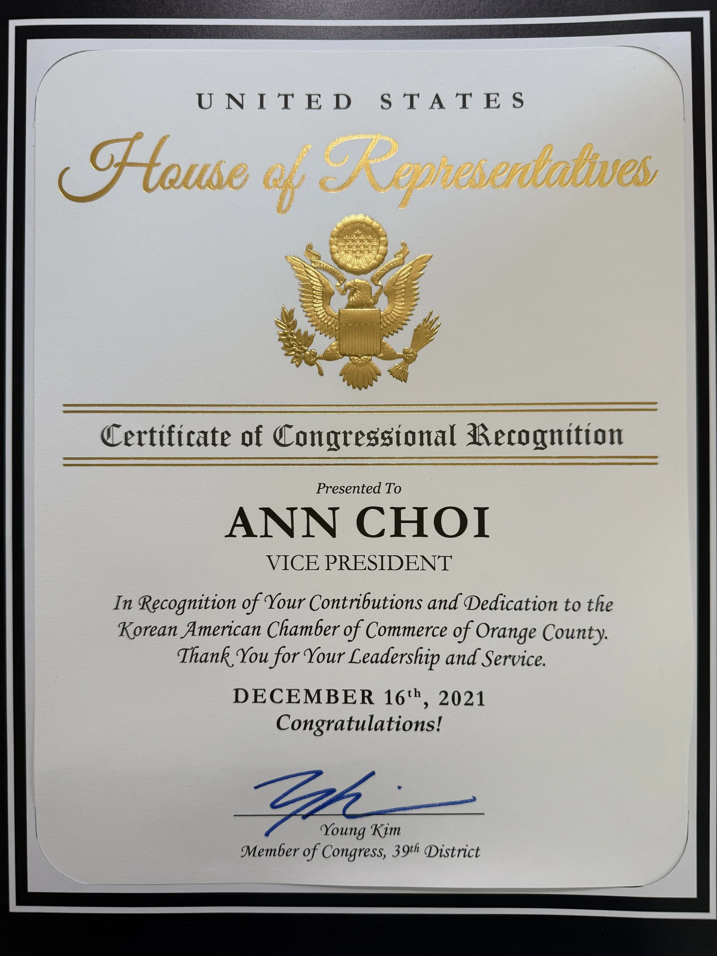 House of Representatives | Certificate of Congressional Recognition | 2023