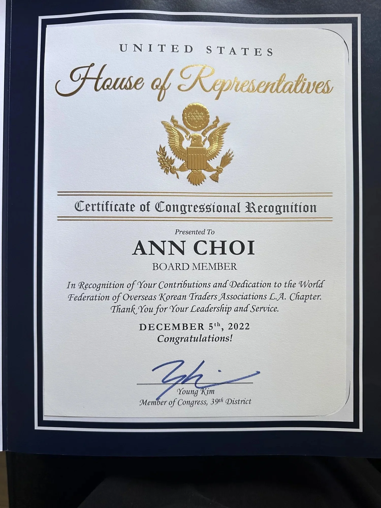 House of Representatives | Certificate of Congressional Recognition | 2022