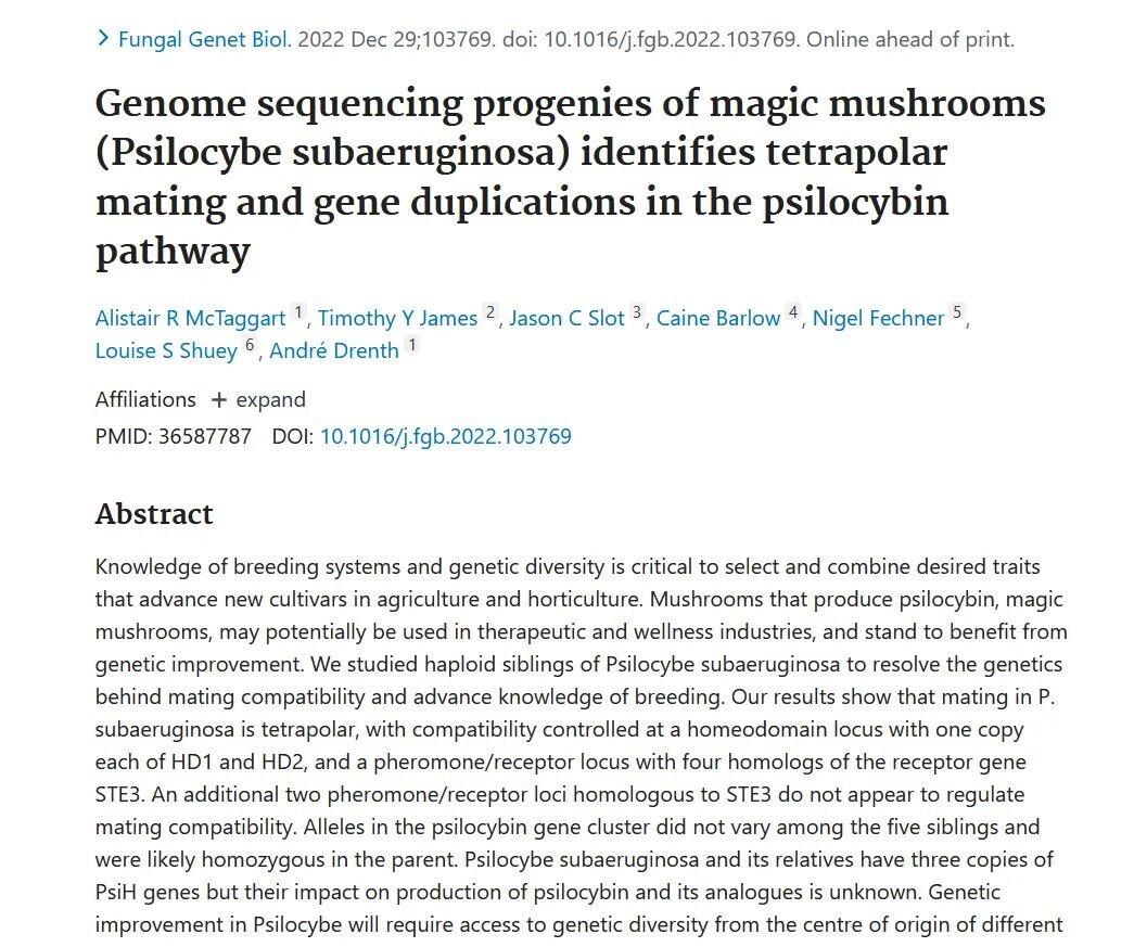 Genome sequencing progenies of magic mushrooms (Psilocybe subaeruginosa) identifies tetrapolar mating and gene duplications in the psilocybin pathway

Alistair R McTaggart 1, Timothy Y James 2, Jason C Slot 3, Caine Barlow 4, Nigel Fechner 5, Louise 