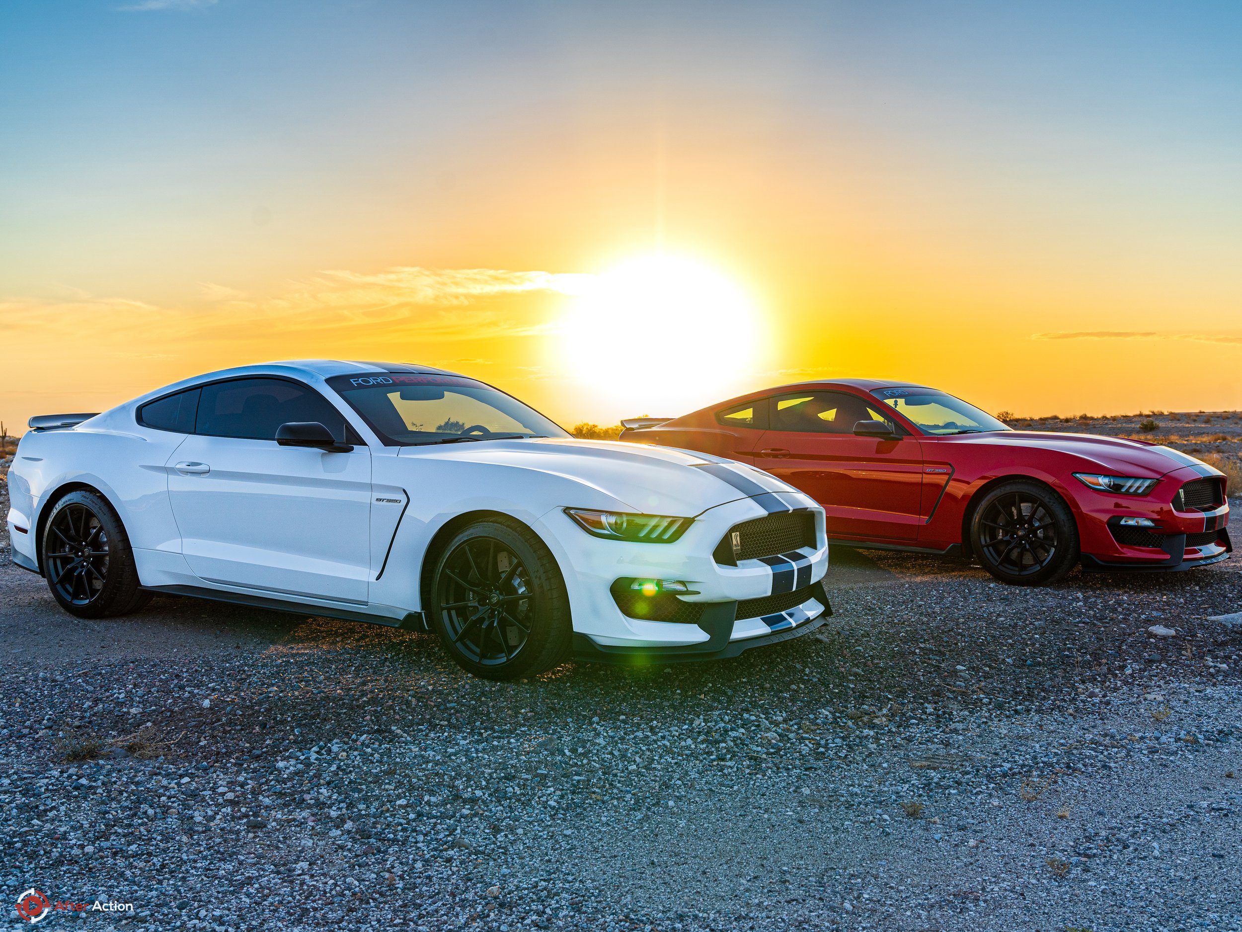 Twin Ford GT350R Mustangs stagged in at Sunrise in desert Photo by After Action, LLC #AfterActionAZ